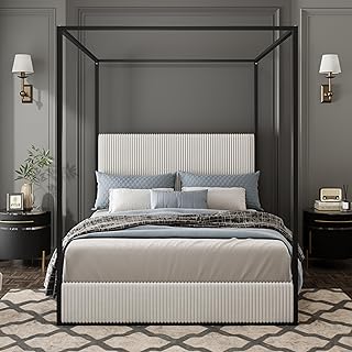 LUMISOL King Size Canopy Bed Frame, 4 Poster Canopy Bed with Tall Upholstered Headboard, Corduroy Canopy Platform Bed, No Box Spring Needed, Metal Canopy 4 Poster Bed Frame, Cream