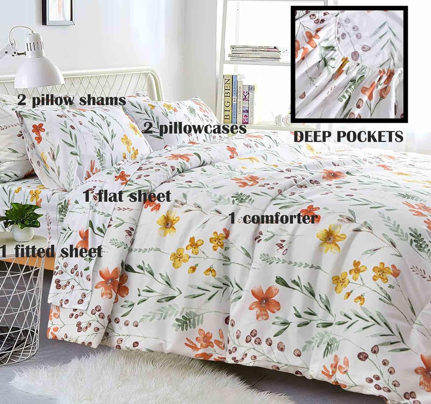 Faincy 7 Pcs King Size Comforter Set with Sheets, White Green Yellow Floral, Leaf Pattern Print Reversible Alternative Bed Sets - Soft Microfiber Duvet Farmhouse Bedding in a Bag for Women Men 104 x90