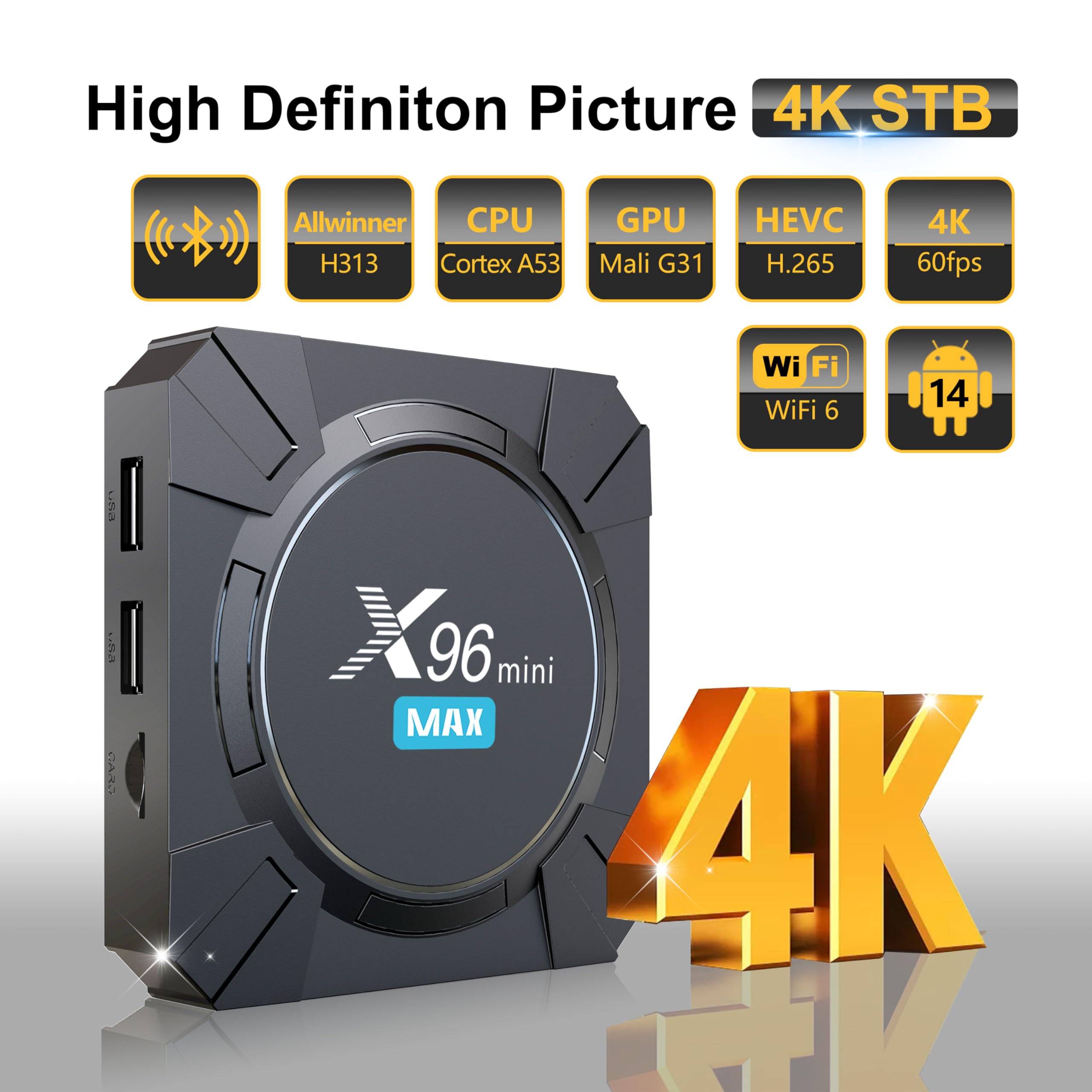 Android 14 TV Box 4K UHD, X96 Mini Max obudowa TV z WiFi 6, 2 GB RAM, 16 GB ROM, czterordzeniowy, Bluetooth, HDR10, asystent głosowy, odtwarzacz multimedialny, ultrapłynne przesyłanie strumieniowe