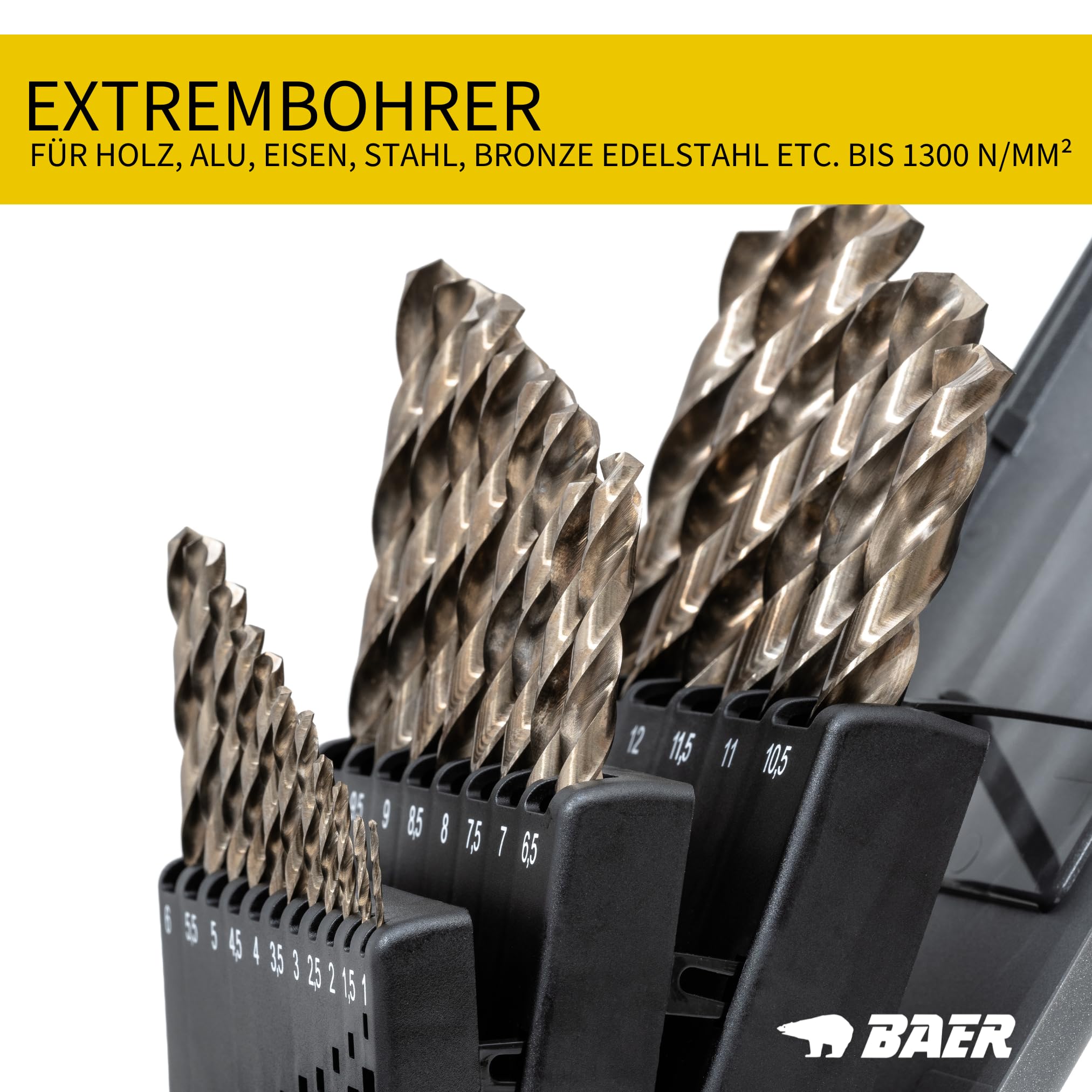BaerCoil BAER HSSE - Juego de brocas de acero inoxidable (25 piezas, 1 – 13 mm en incrementos de 0,5 mm, 5% de acero de alta velocidad de cobalto, para hierro, acero y bronces de hasta 1300 N/mm², etc