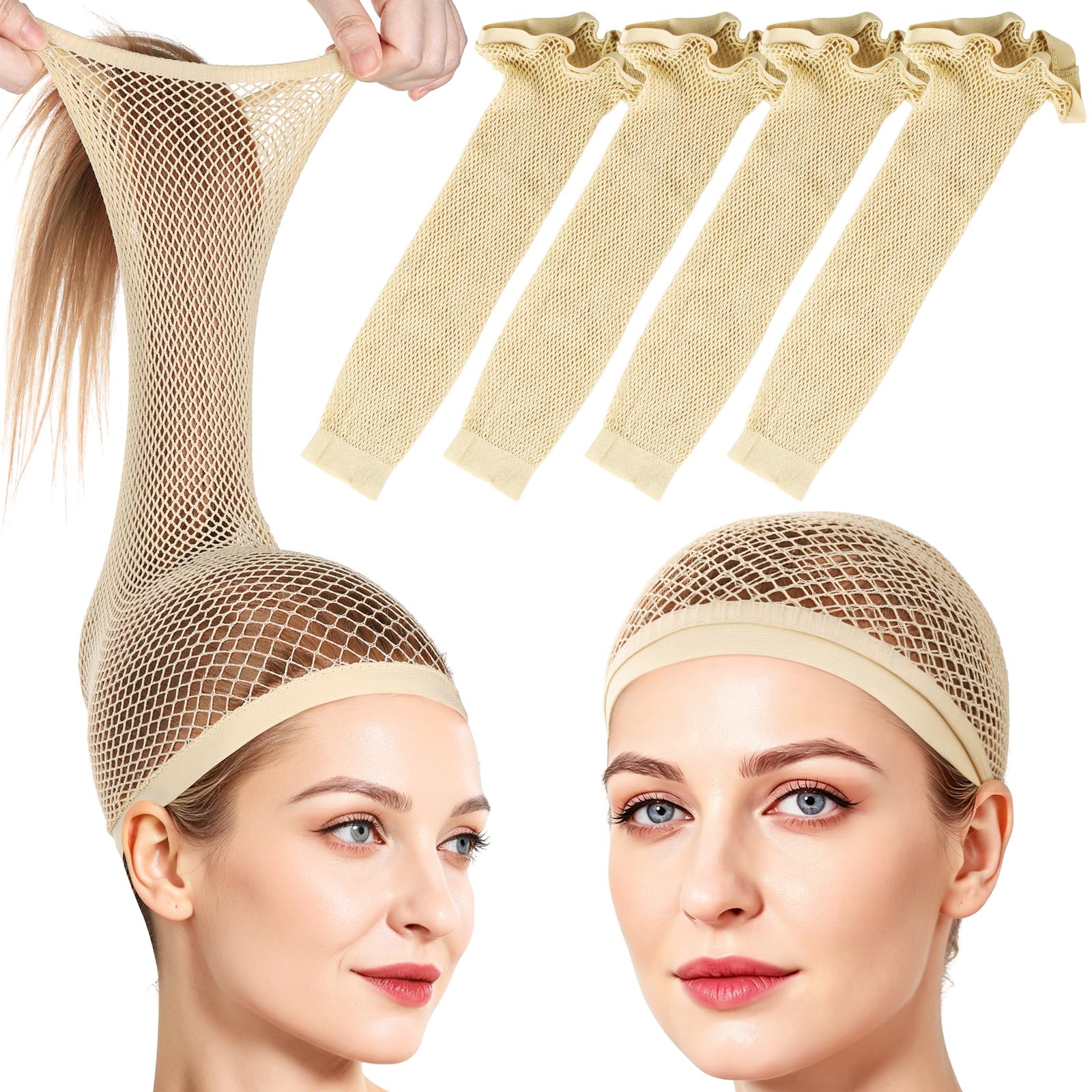 Fandamei 4PCS Wig Cap, 30cm Large Open-End Mesh Wig Caps for Long Hair, Breathable Nylon Mesh Wig Cap for Women, Nude Hair Net for Halloween Festival Cosplay, Storing Caps for Wigs