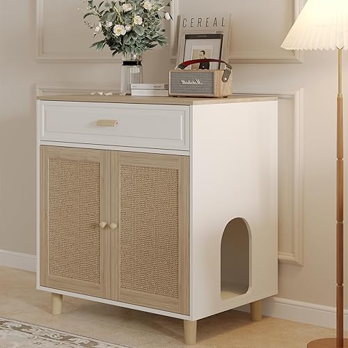 Miniatura 9 de Caja de arena para gatos, mueble oculto para interiores 2 en 1, armario de madera para gatos y baño con puertas de tabla de rascar y 3 cajones