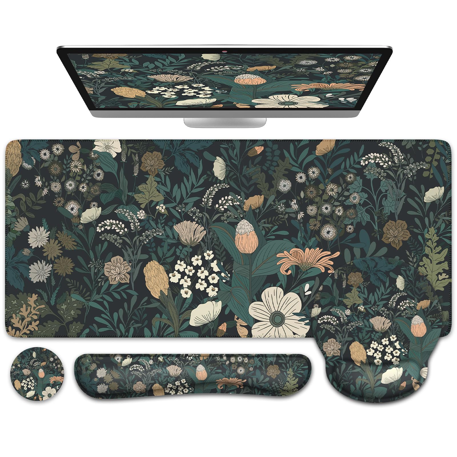 iCasso Desk Cover Mat, 4in1 Floral Large Mouse Pad with Wrist Rest