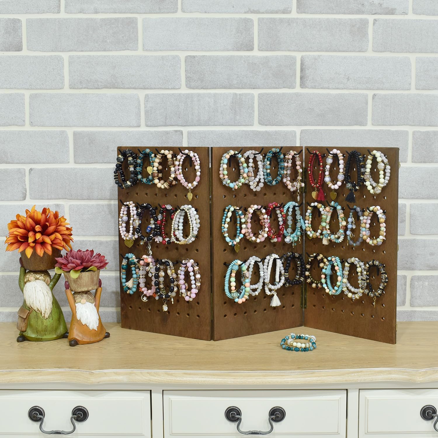 MOOCA Wall-Mountable Wooden Foldable 3-Panel Pegboard Jewelry Display Organizer with 48 Removable Black Hooks, Vertical or Horizontal Display, Ideal for Travel, Brown Color