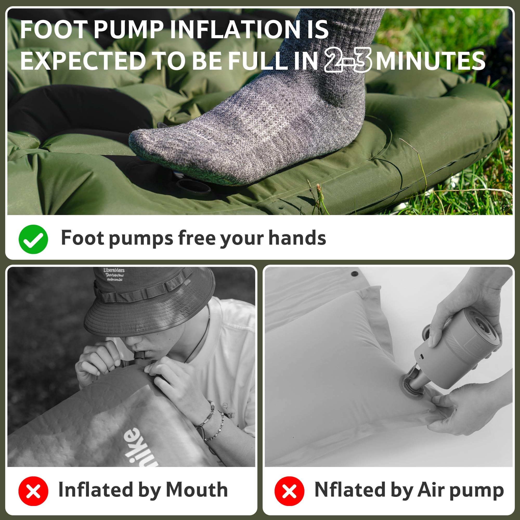 Naturehike Colchoneta de dormir para camping, ultraligera con almohada integrada con bomba de pie