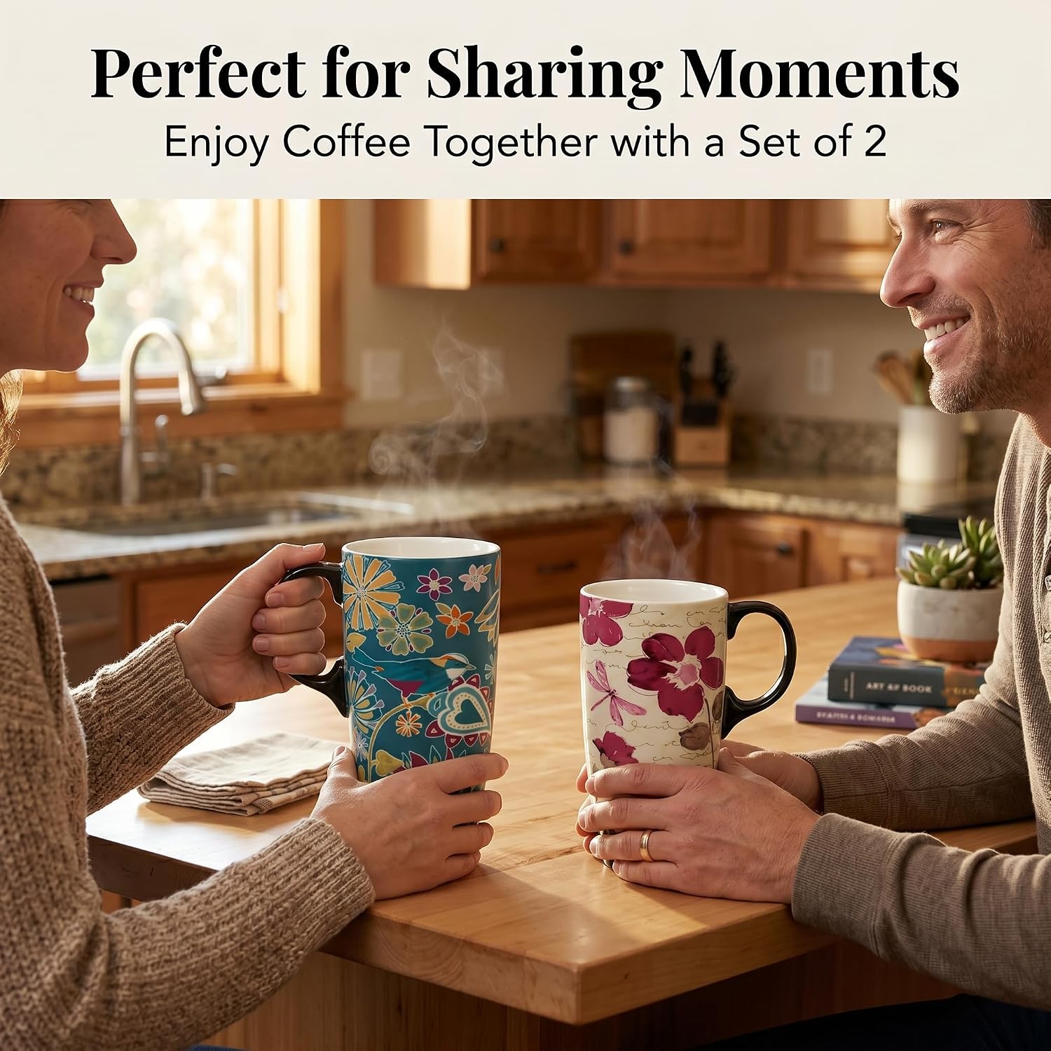 Topadorn Ceramic Travel Mugs Set of 2, 17oz Floral Coffee Mug Set with Lids image 2