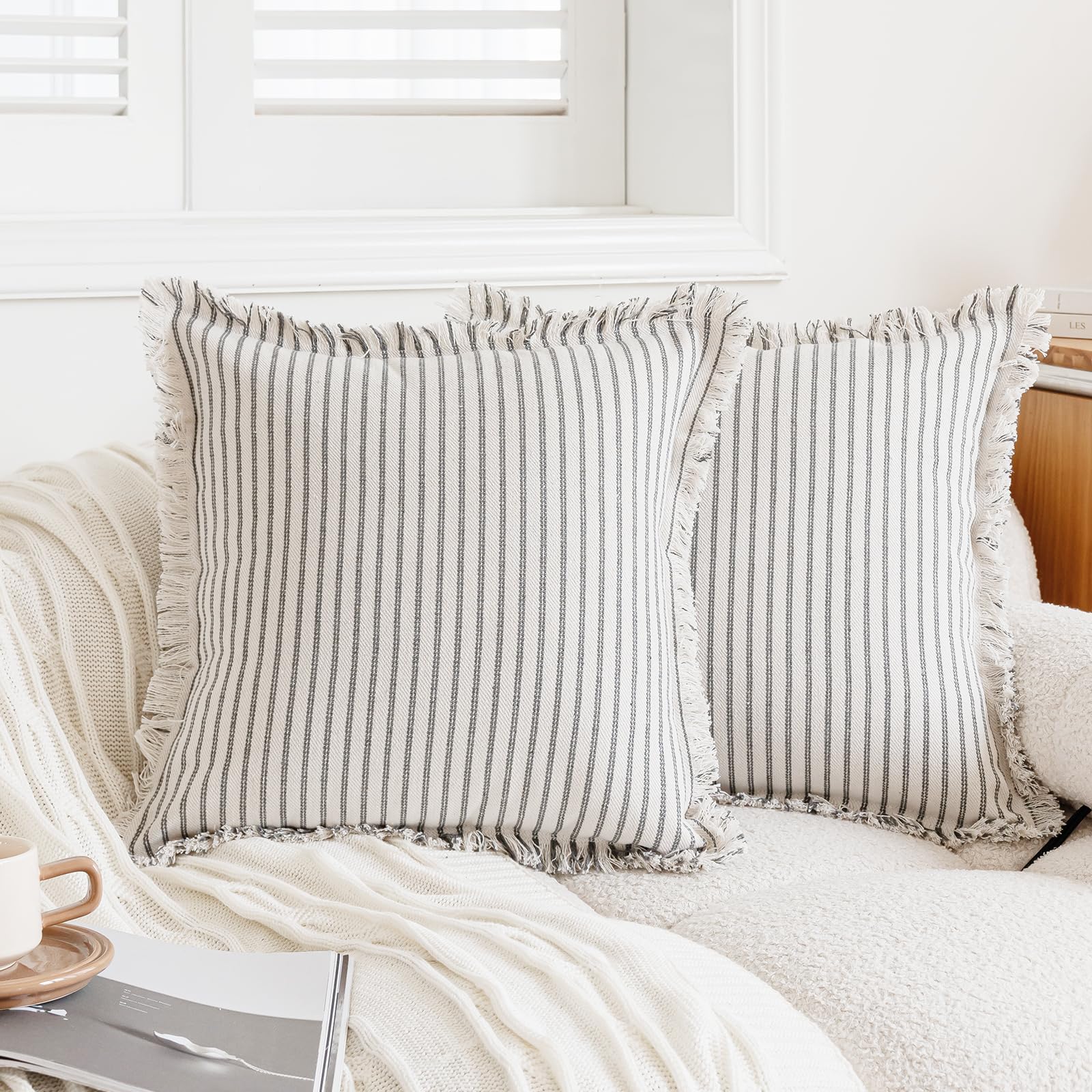 LOVOUS Throw Pillow Covers 18x18 Set of 2 Boho Pillow Covers with Fringe Tassel Farmhouse Cotton Striped Pillow Covers for Sofa Couch Bed Living Room Decor