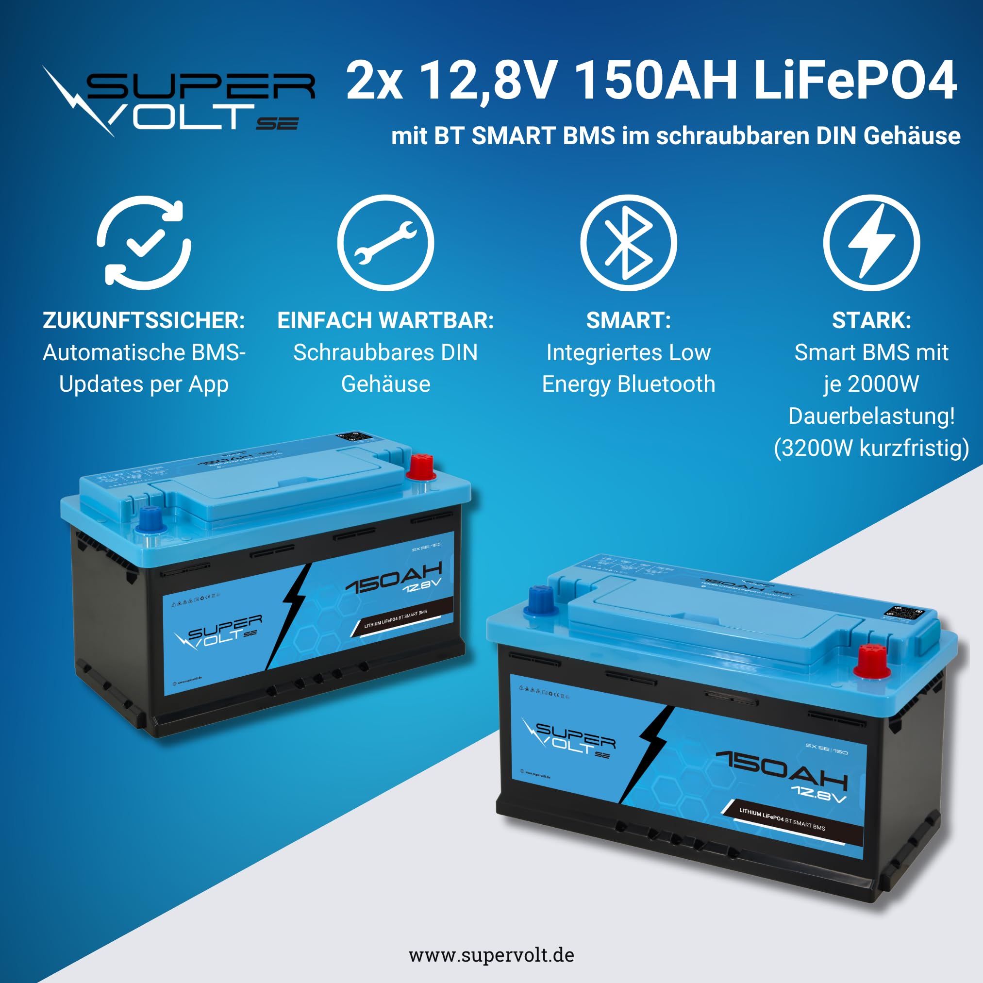 LiFePO 2 batterie al litio da 12 V, 150 Ah, capacità utilizzabile al 100%, Smart BMS e Bluetooth, dimensioni Plug & Play DIN, per camper, camion, barca, solare