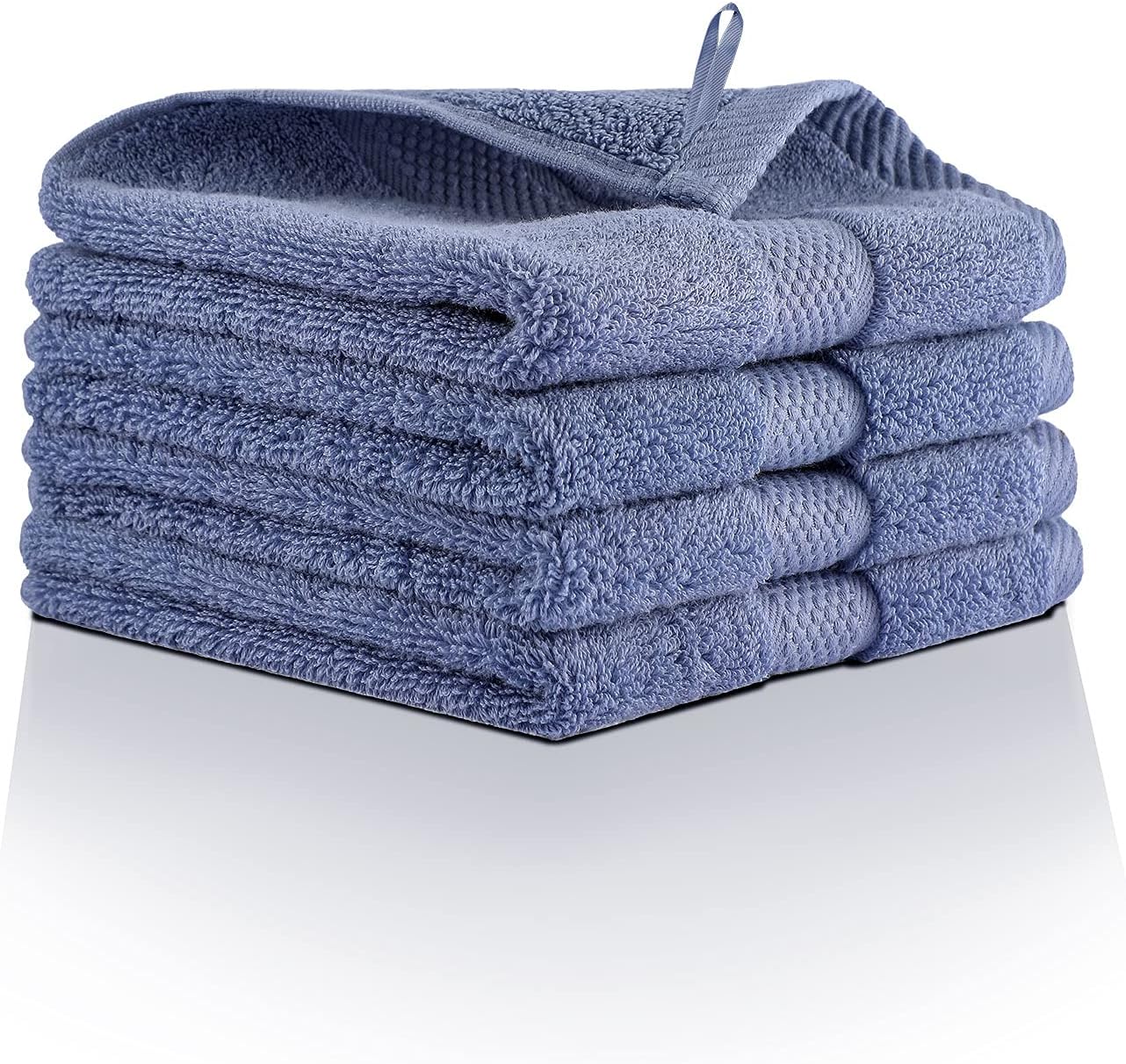 E ENASUE Cotton Washcloths, 4 Pack Thick Face Towel Set with Hanging Ring Design, Soft and Highly Absorbent Face-Cloth for Bathroom (Blue, Washcloths - Set of 4)