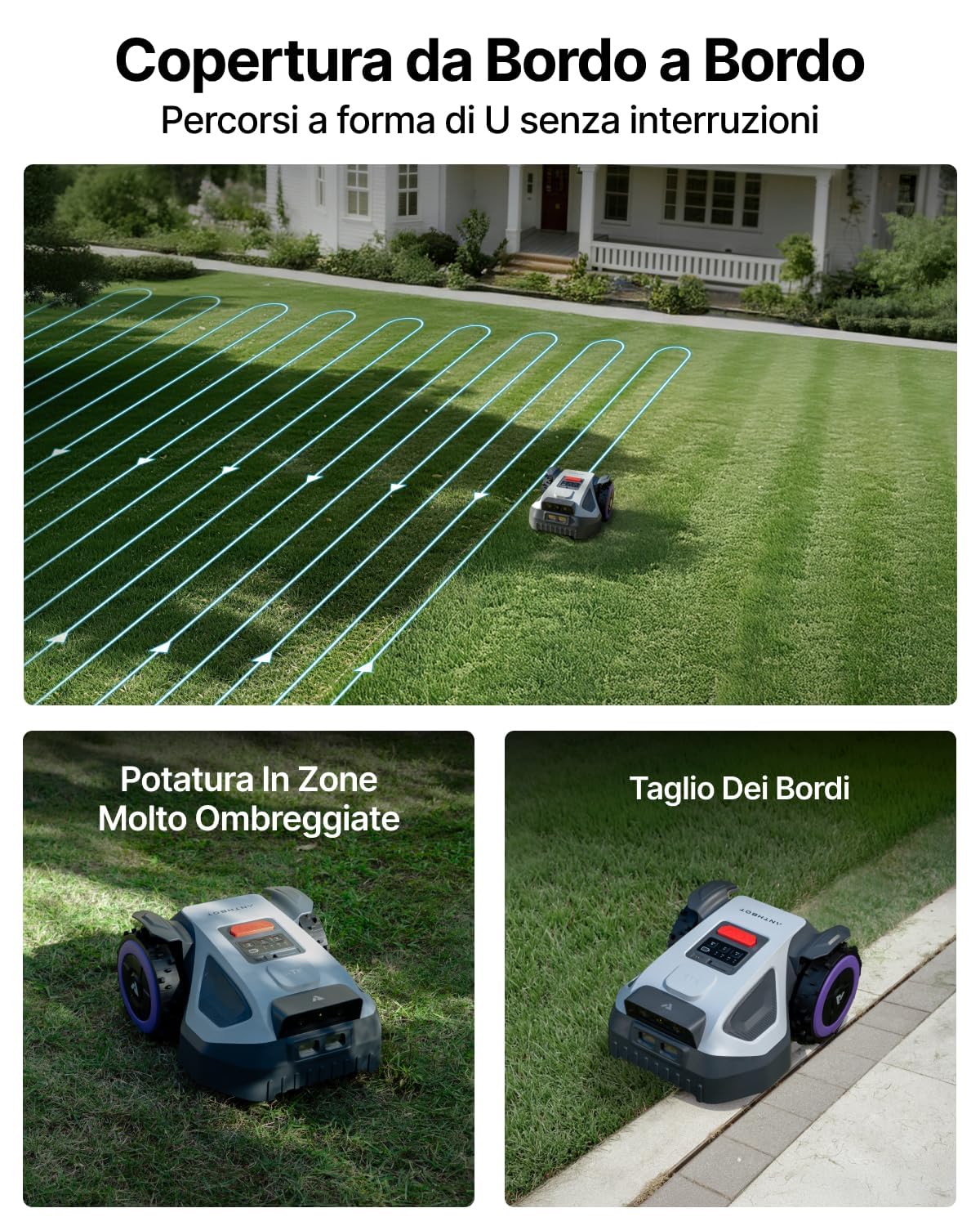 ANTHBOT M9 Robot Tosaerba Senza Fili con Sistema Perimetrale - 1000 m², NetRTK, 4G, Doppia Fotocamera, Sistema di Rilevamento Ostacoli Basato su IA, Mappatura Automatica Multizona, con Garage
