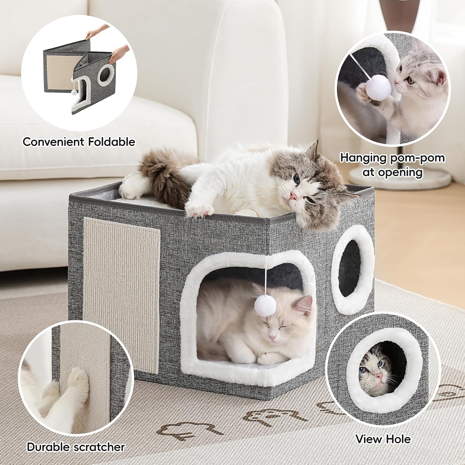 Cat Beds for Indoor Cats,Large Cat Cave House with Scratch Pad and Fluffy Ball,Foldable Cat Condo Hideaway, Modern Kitten Bed, Grey