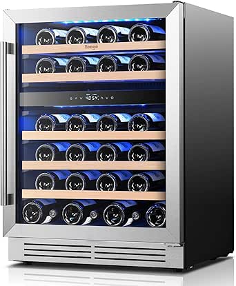 Yeego Wine Fridge Cooler - 24 Inch Dual Zone Wine Fridge Hold 52 Bottles, 40-65°F Wine Refrigerator Glass Door, Built in Fridge, Freestanding Adjustable Shelves Fridge for Beer Soda Drink Home Bar