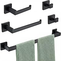 Hiuqixe Matte Black 5-Piece Bathroom Hardware Set - SUS304 Stainless Steel 23.6" Towel Bar, TP Holder, Hooks Modern Square