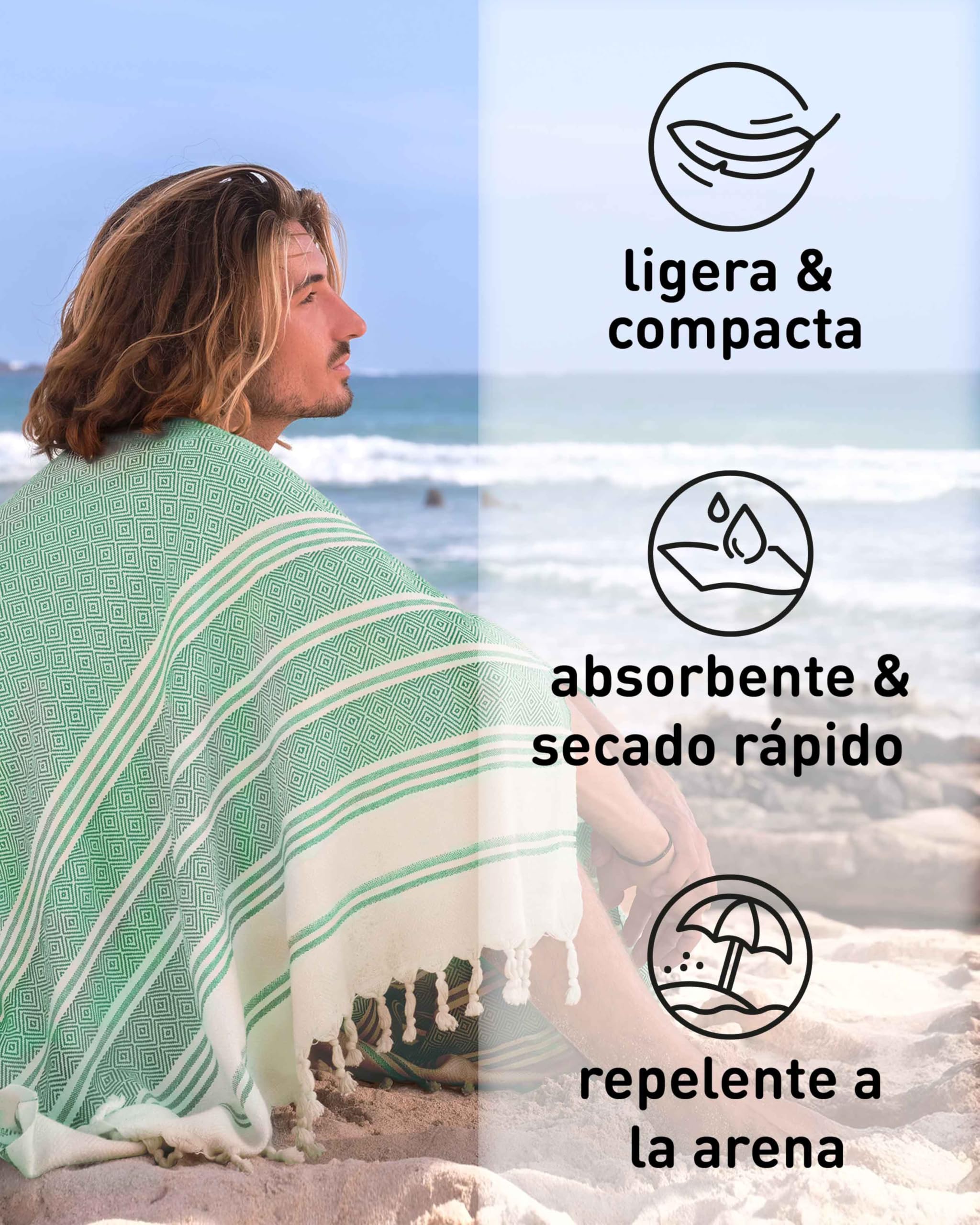Fit-Flip Toallas Playa Hammam – Pareos Grandes de algodón 100% – Toalla Pareo compacta, Gigante y Secado rápido – Fouta XL Absorbente – Ideal para Piscina - Verde - 100x200cm Diamond — view 6