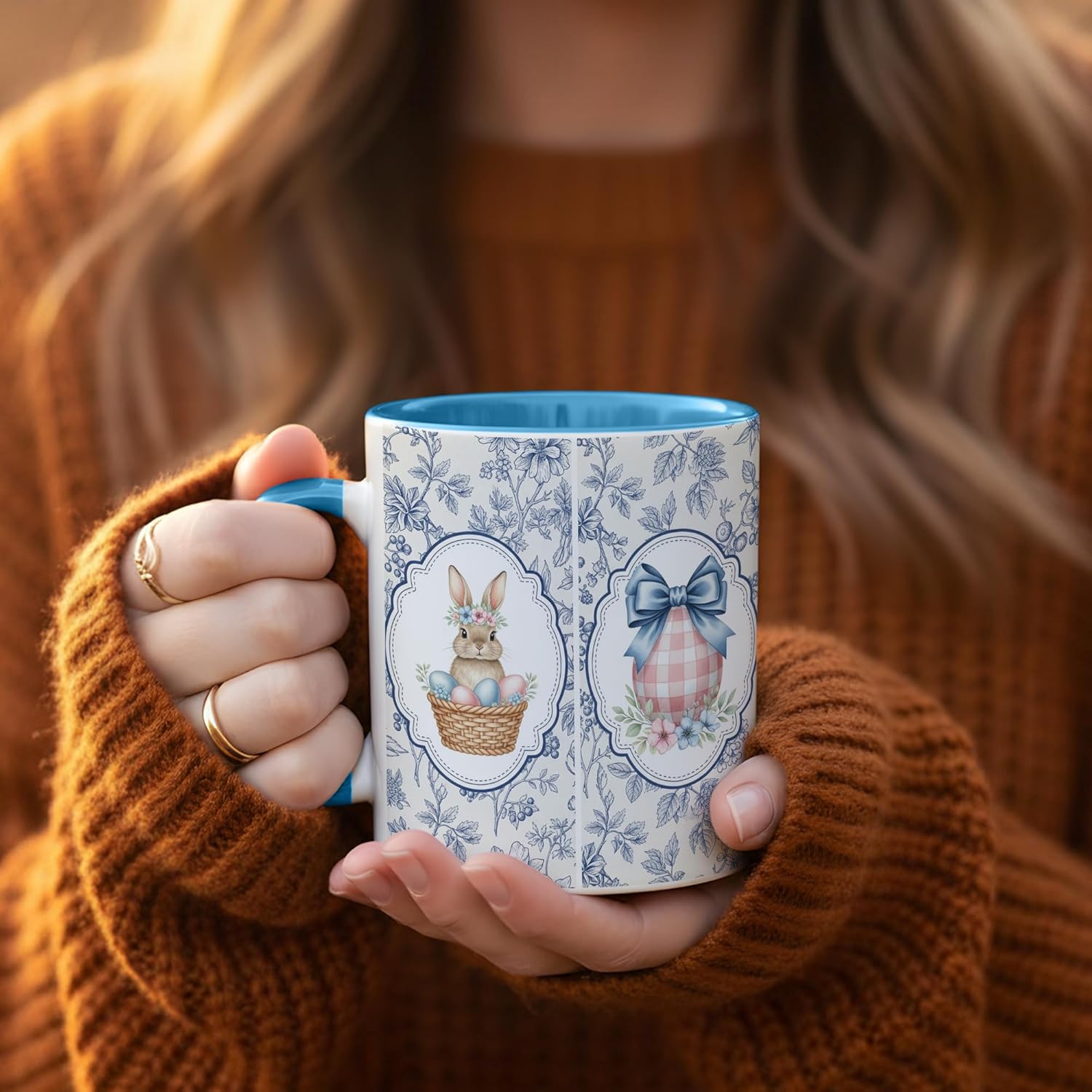 Decorative Bunny and Floral Egg Illustration Coffee Mug, Vintage Blue Floral Watercolor Design, Elegant Ceramic Mug for Spring Home Decor, Gift for Friends and Family - Image 5