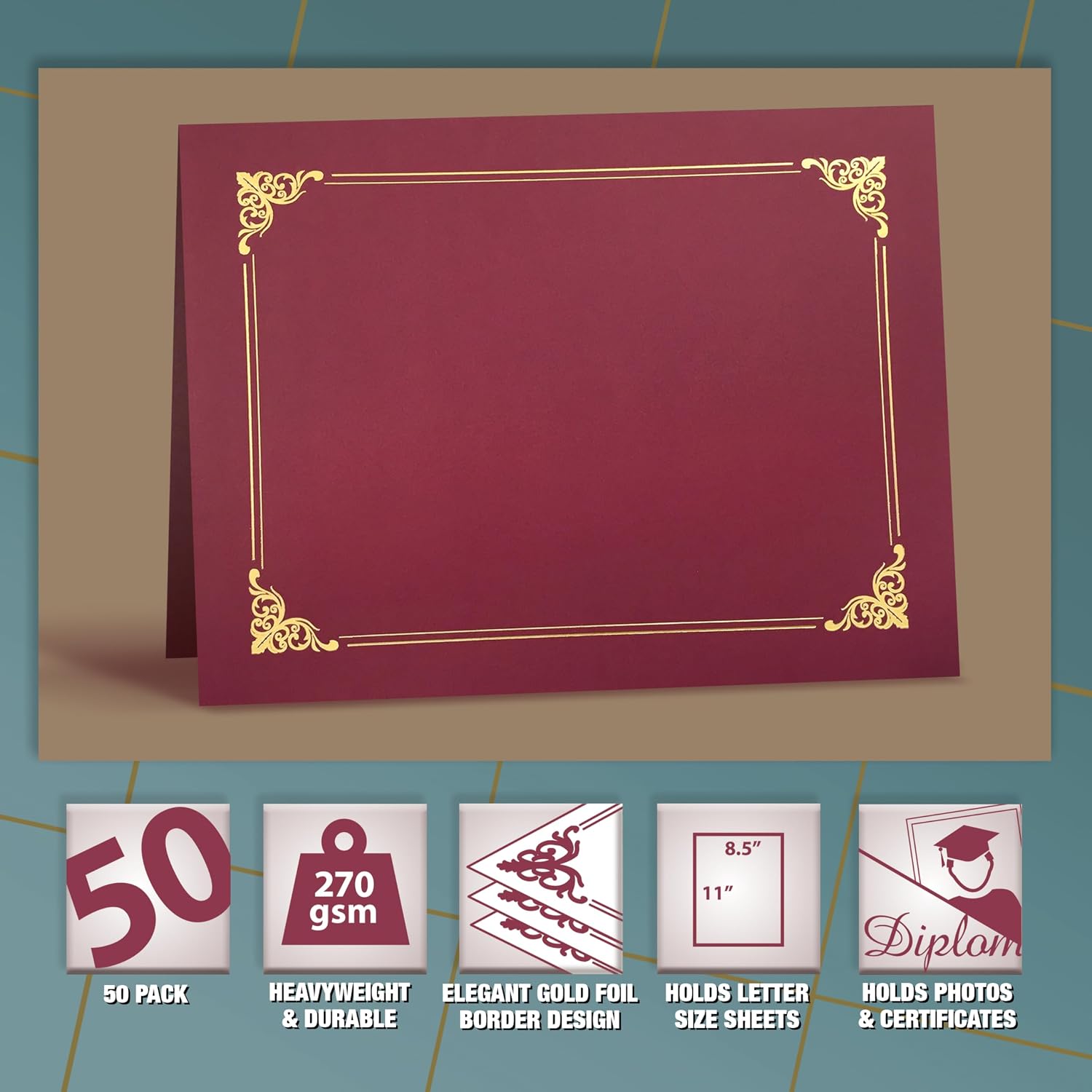 50 Pack Certificate Holders, Diploma Holders, Document Covers with Gold Foil Border, by Better Office Products, for Letter Size Paper, 50 Count (Crimson Red)