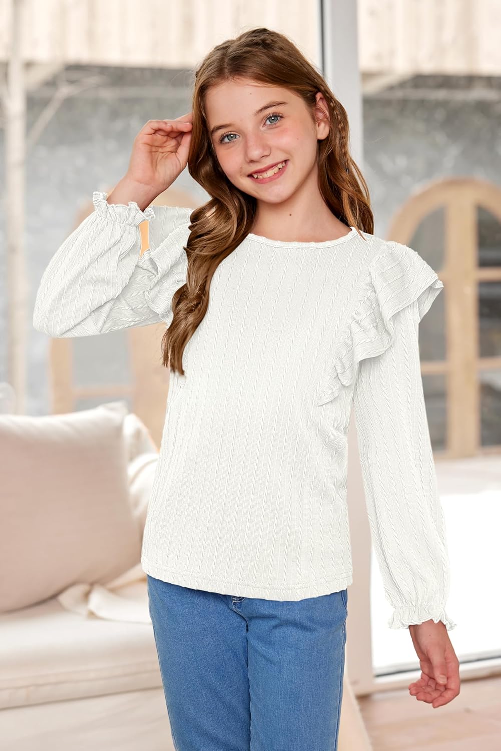 Girls Long Sleeve Ribbed Shirt Fall Flutter Sleeve Tops Trendy Casual Knit Blouses 6-14 Years - Image 3