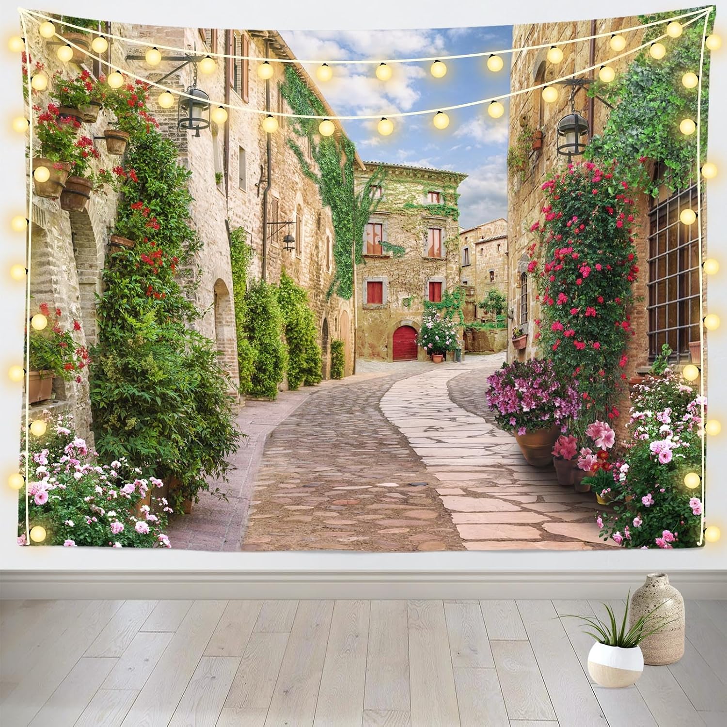 Loccor 92''x70'' Italy Alley Tapestry Tuscany Old Town Narrow Street Background European Building Scene Blooming Flowers Wall Hanging for Holiday Party Decor Kids Adult Theme Living Room Dorm Decor