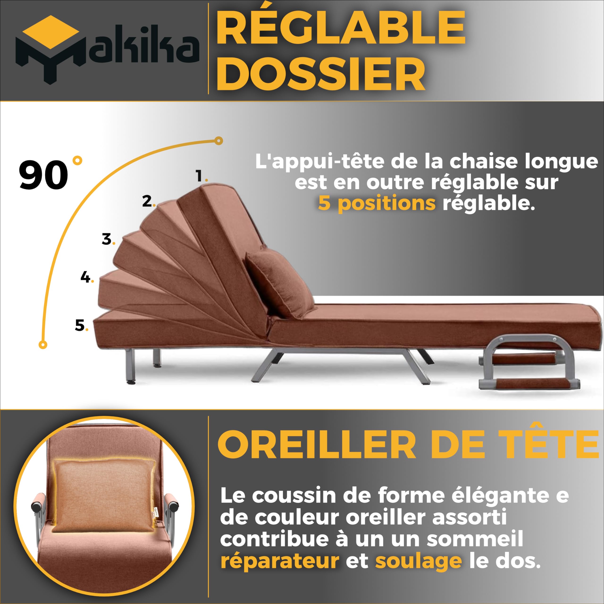 Makika Fauteuil Lit Chaise Longue Pliable Gris - Tissu PU - Neuf