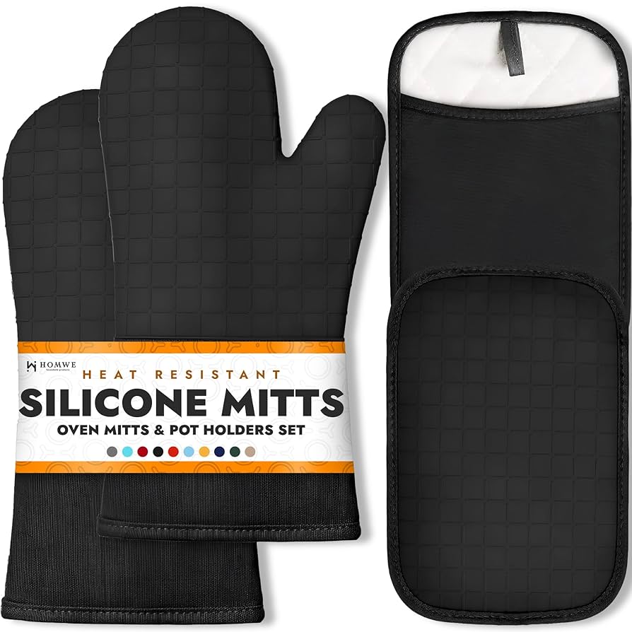 HOMWE Silicone Oven Mitts and Pot Holders for Kitchen & Baking - Set of 4 Heat-Resistant, Heavy-Duty Cooking Mittens w/Non-Slip, Textured Grip (Black)