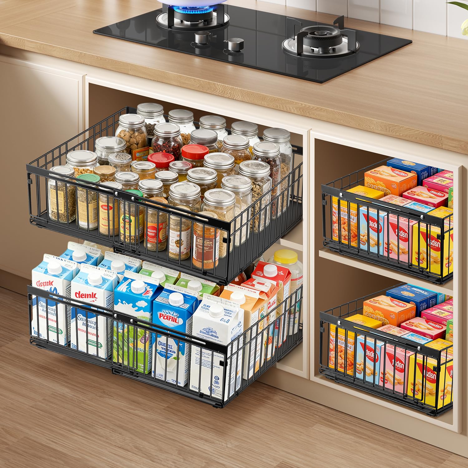 Lot de 2 Tiroirs Coulissants pour Placard de Cuisine - Organisateur de Rangement Coulissant Extensible, Largeur Réglable de 30 à 51 cm, Sans Perçage, Universel pour Cuisine, Salle de Bain, Dressing