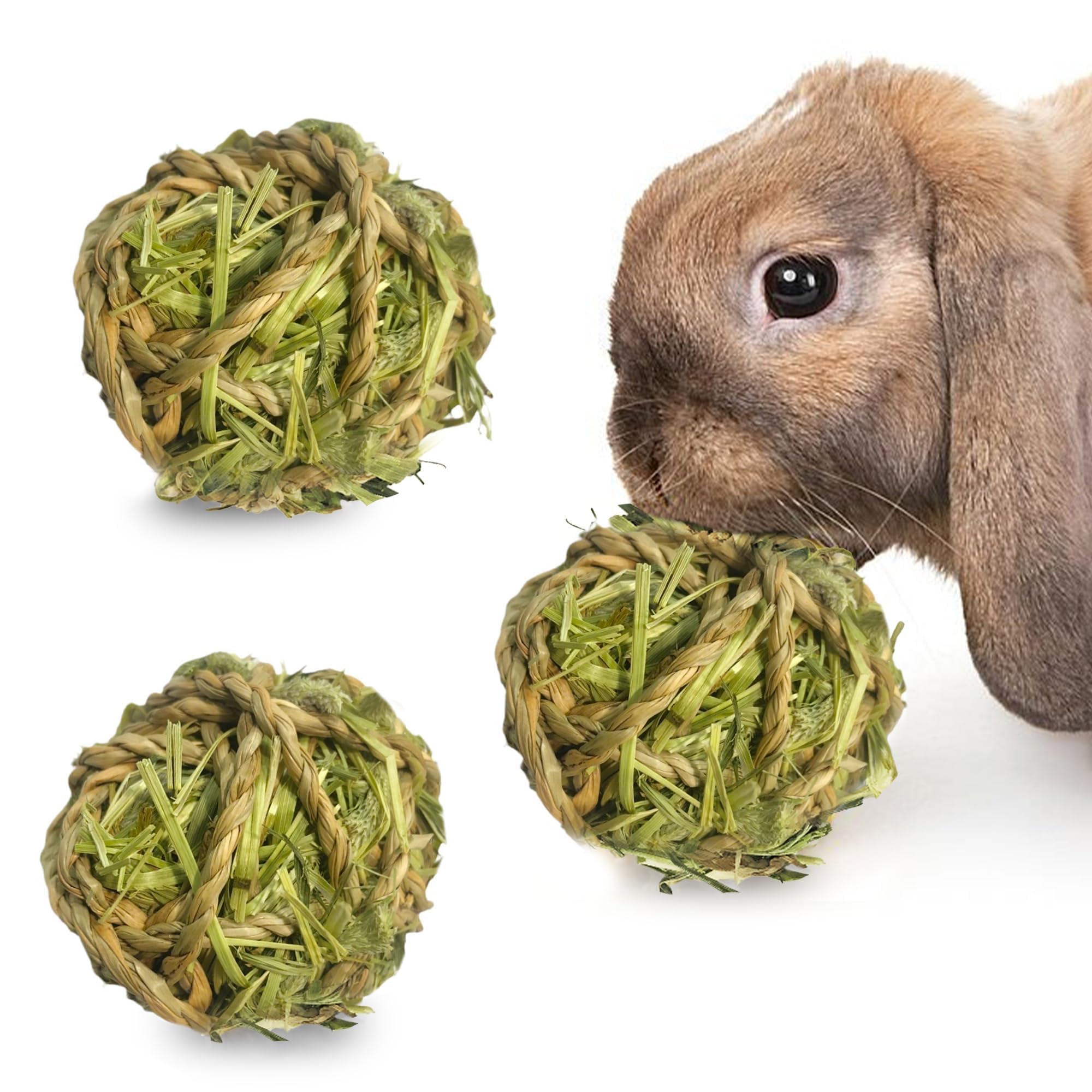 SunGrow Timothy Balls for Rabbits, Chew Toys for Oral Care &amp; Digestion, High Fiber Hay Treats for Bunnies, Guinea Pigs &amp; Small Pets, Teeth Trimmer &amp; Encourage Foraging Instincts, 3 Pcs