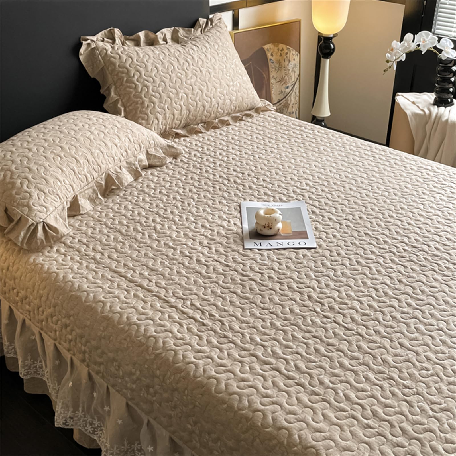 Highdi Planta Floral Colcha Acolchada Individual/Doble/King, Colcha Cama Patchwork con Ribete Volante Manta Sofa, Manta Cama Reversible Diseño Cama para Alle Jahreszeiten (Marrón Claro,250x270cm)
