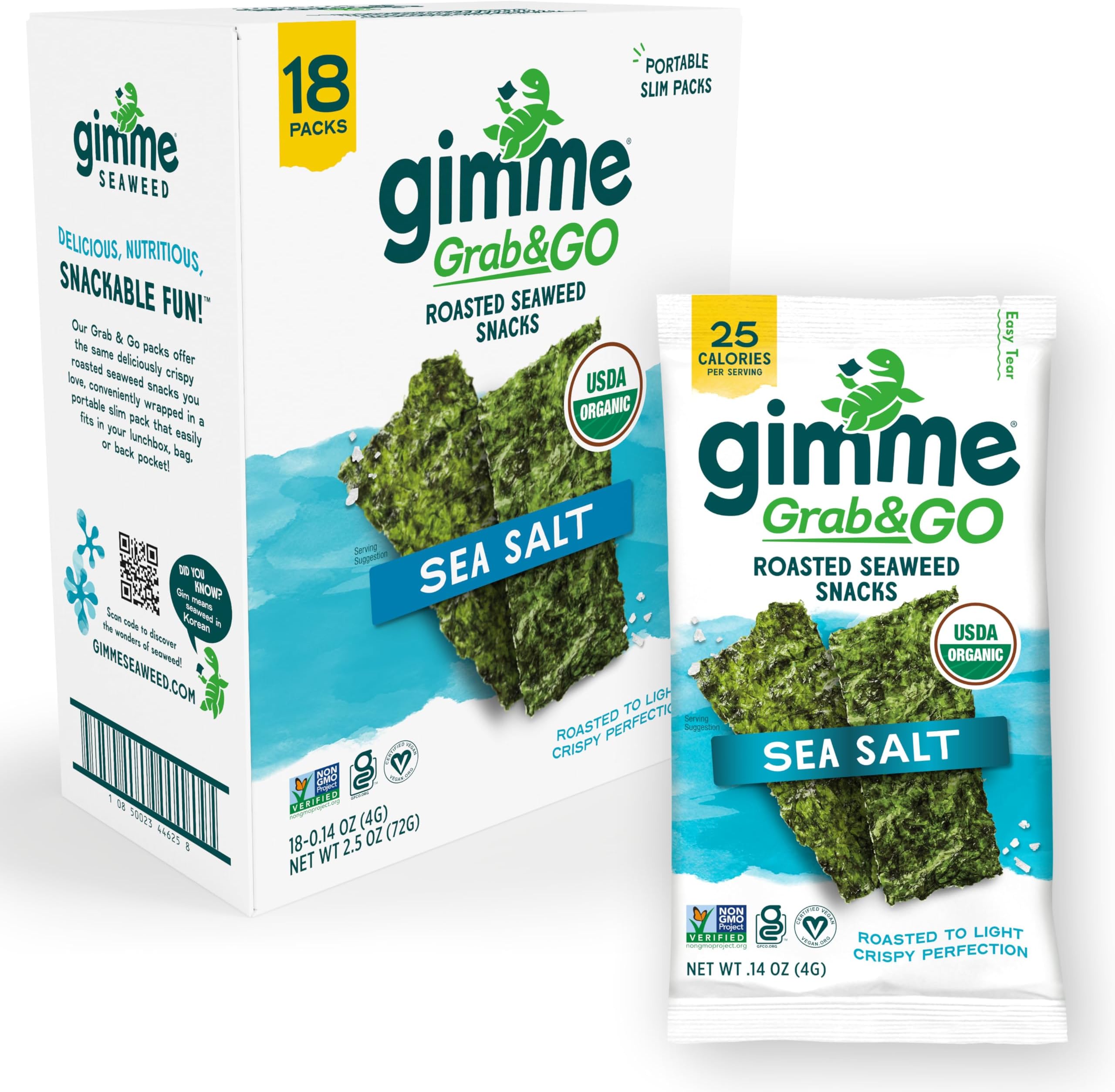 Seaweed Grab & Go Organic Premium Roasted Seaweed Snacks, Sea Salt, 18 Count Trayless, Keto, Vegan, Gluten-Free, Great Source of Omega3s and Iodine, Healthy On-The-Go Snack for Kids and Adults