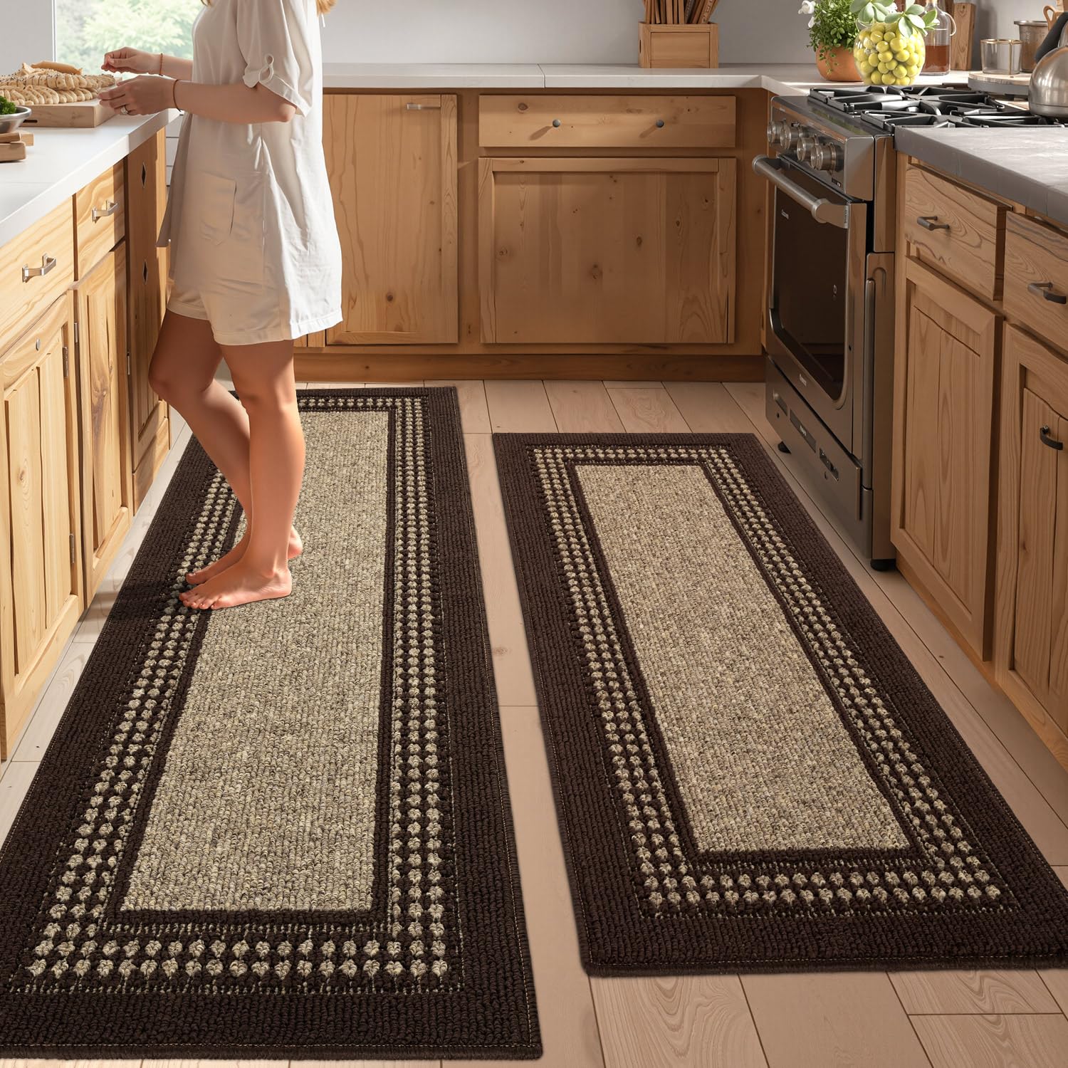Photo 1 of Kitchen Rugs Set,Non Slip Kitchen Mats for Floor-Thick Stain Resistant Kitchen Floor Mat Runner Carpet for Hallways Entryway Laundry Room Washable(20"x48"+20"x59",Brown)