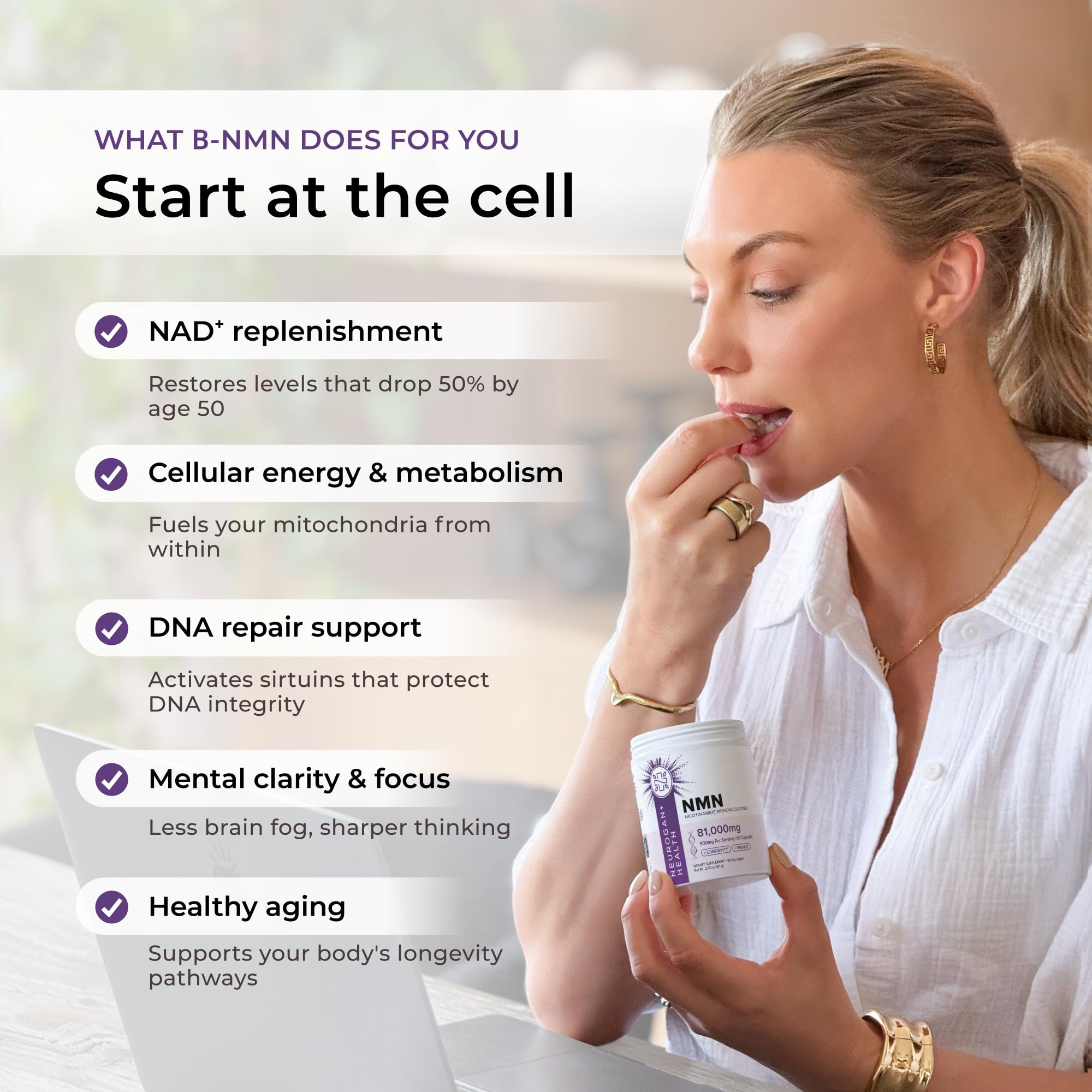 Neurogan Beta NMN 900mg - 99.6% Pure NAD+ Precursor - 90 Ct — Amazon image 4