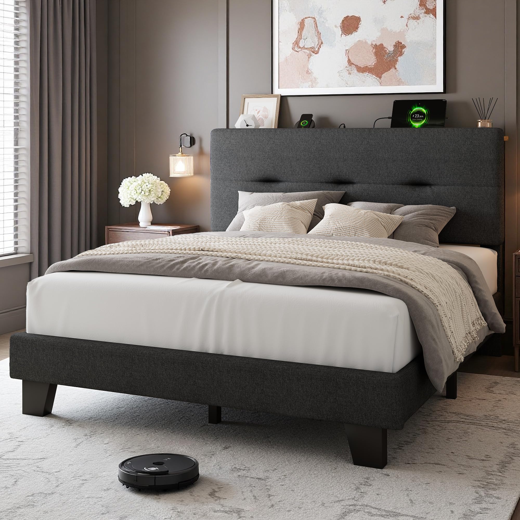Feonase 4ft Double Bed Frame with Storage Linen Headboard, Upholstered Bedframe double bed with Charging Station, Sturdy Wooden Slat Support, Easy Assembly, Dark gray
