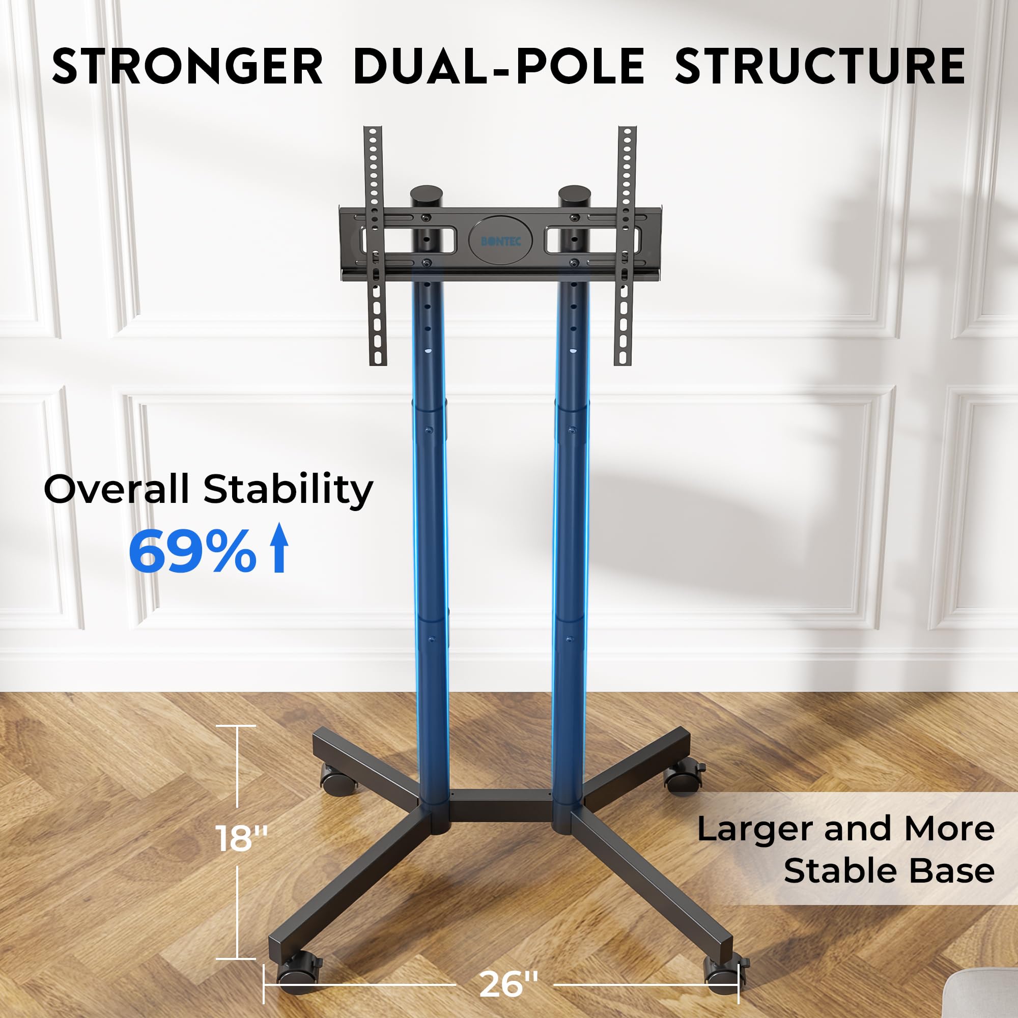 BONTEC Supporto TV da Pavimento 32-70 Pollici, Carrello Porta TV da Terra Mobile con Ruote Bloccabili 360°, Altezza Regolabile Doppia Colonna Robusta Fino a 50 kg, VESA 400x400 mm, Gestione Cavi, Nero