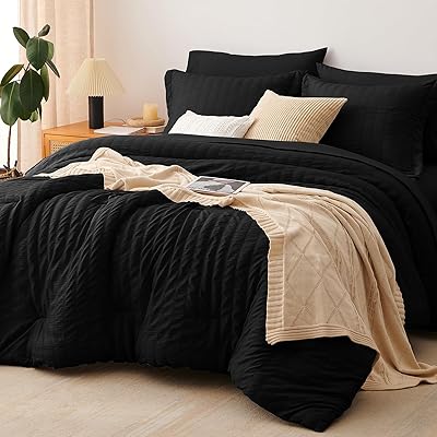 CozyLux Oversized Queen Comforter Set Black Seersucker 7 Pieces 98x98 Bed in a Bag Comforter Set with Sheets, Luxury Soft Bedding Sets with Down Alternative Comforter, Sheets, Pillowcases & Shams