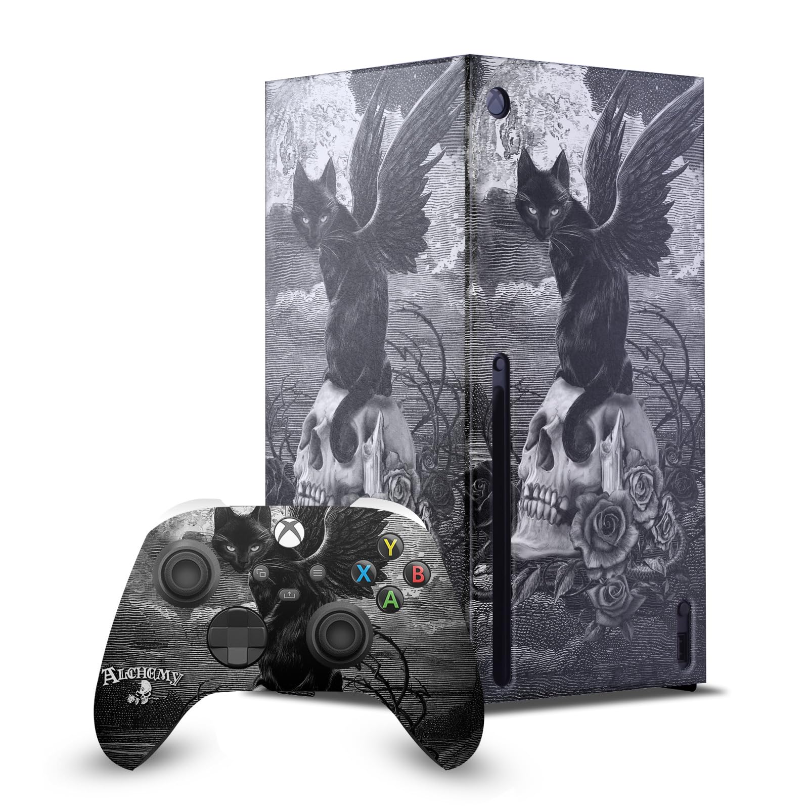 Head Case Designs Sous Licence Officielle Alchemy Gothic Neuf vies de chat crâne de Poe Gothique Enveloppement De Console De Jeu Et Skins Pour Manette De Jeu Ensemble compatible avec Xbox Series X