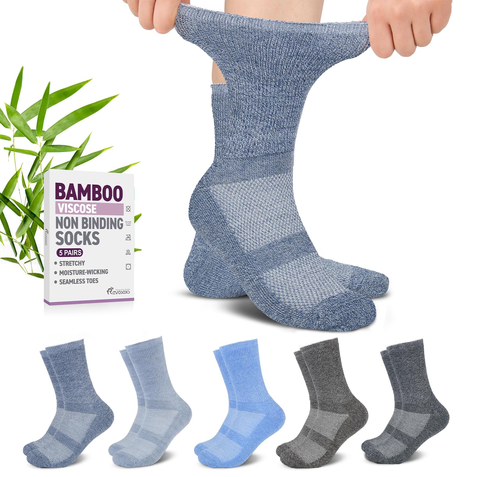 Revosoxs Diabetic Crew Socks for Men Women,Bamboo Viscose Non-Binding Loose Top Wide Socks with Seamless Toe 9-12 10-13