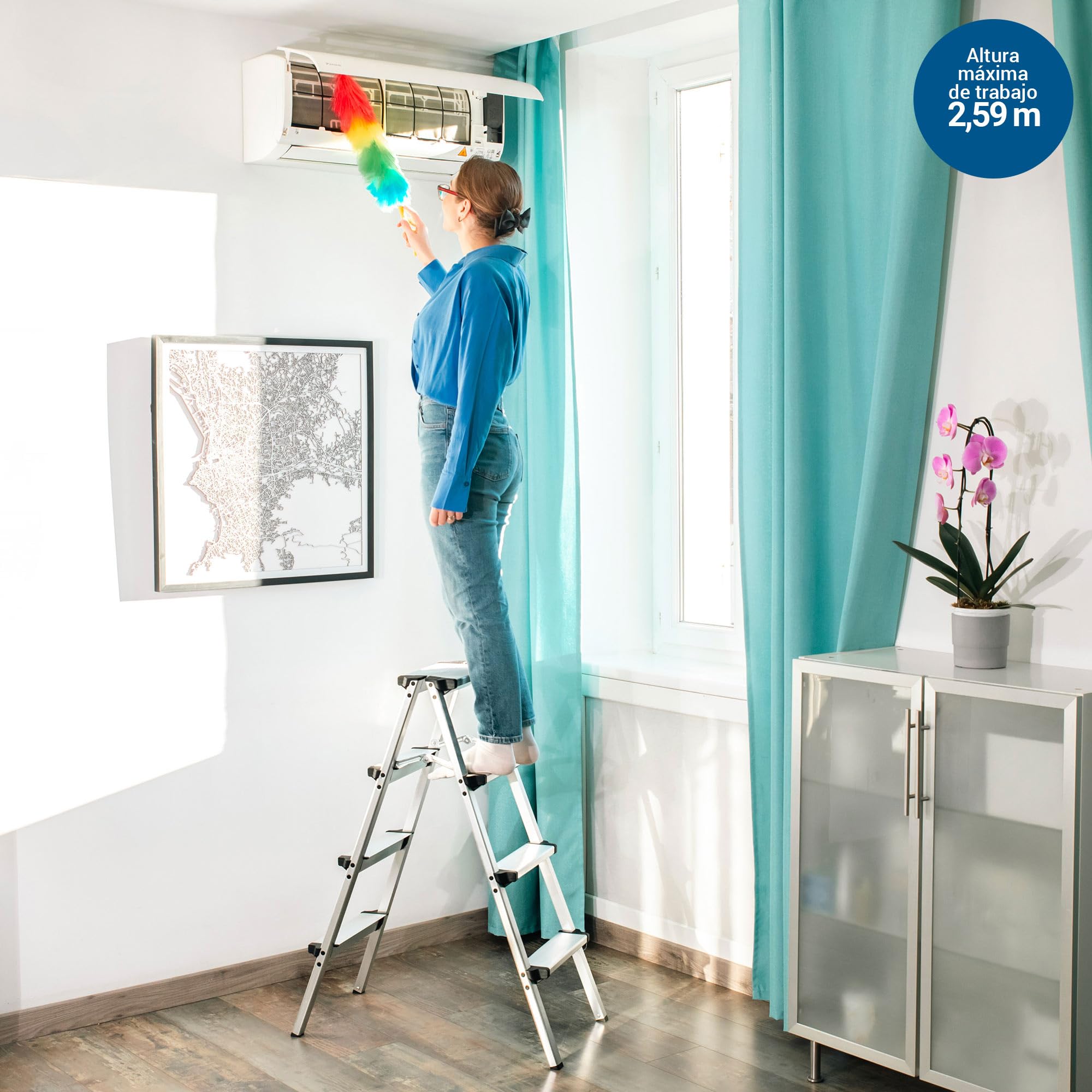 HOSTRÖM Escalera de 4 peldaños HOMILIX4, Escalera Plegable compacta, Aluminio, diseño Compacto y Robusto, Altura máxima de Trabajo de 2,59 m, garantía de 5 años.