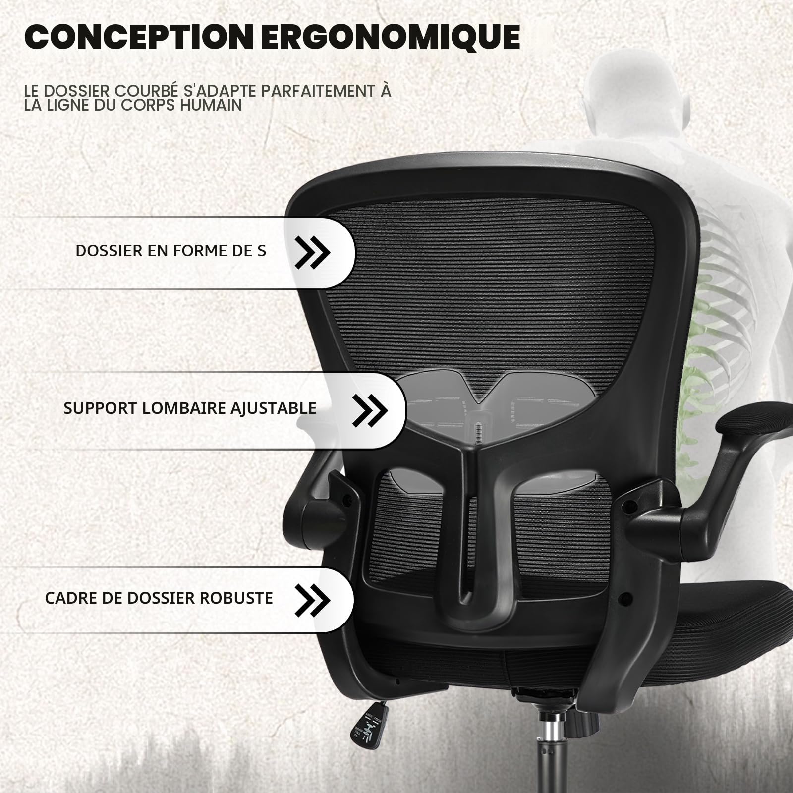 Durrafy Chaise de Bureau Ergonomique, Accoudoirs Rabattables 90°, Support Lombaire Réglable, Maille Respirante, Roues Silencieuses 360°, Charge 130kg, Noir