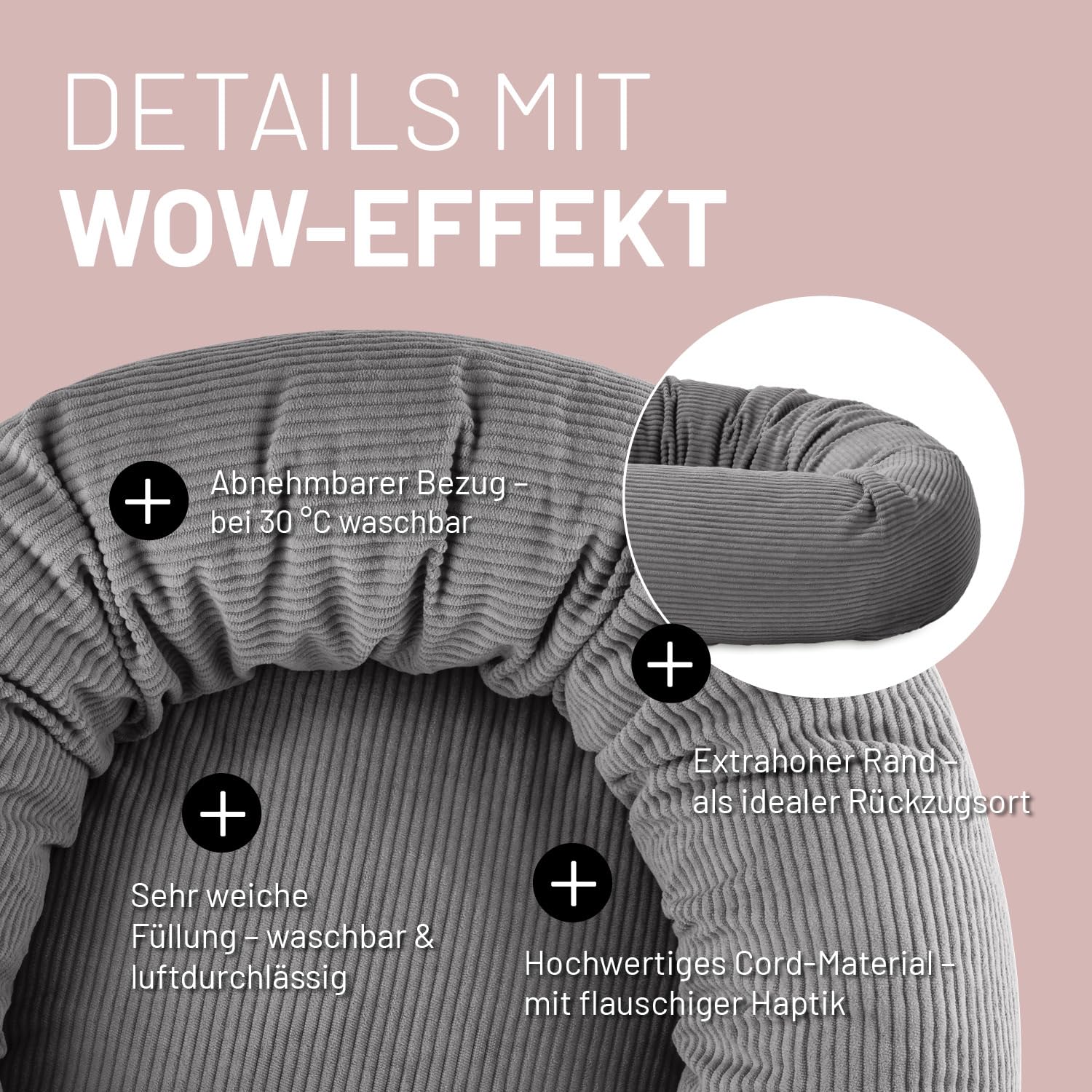 Lumaland Komfort Katzenbett Cord, Ø 60 cm | Katzenhöhle Rutschfester Boden | Katzen Zubehör mit Softer Füllung & Cord-Bezug – alle Teile waschbar | Katzenkorb mit Reißverschluss und 15 cm hohem Rand