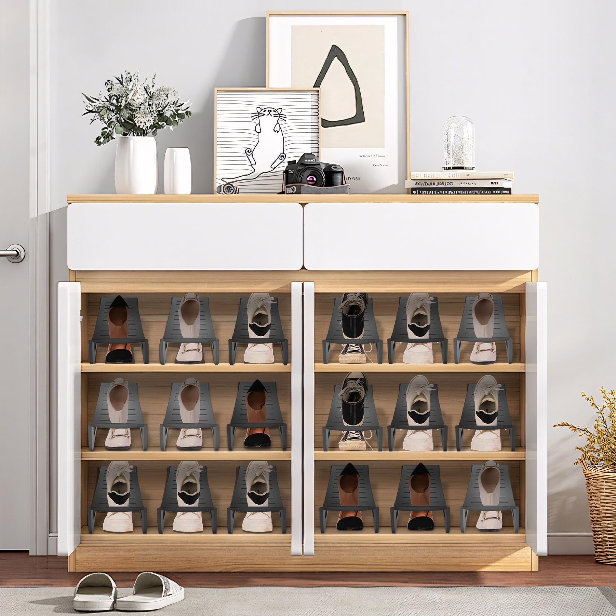 FIVMEN 10 pezzi impilatori per scarpe PP antiscivolo slot per scarpe scaffali per scarpe salvaspazio organizer per scarpe contenitore per scarpe doppio strato organizer per scarpe armadio, grigio
