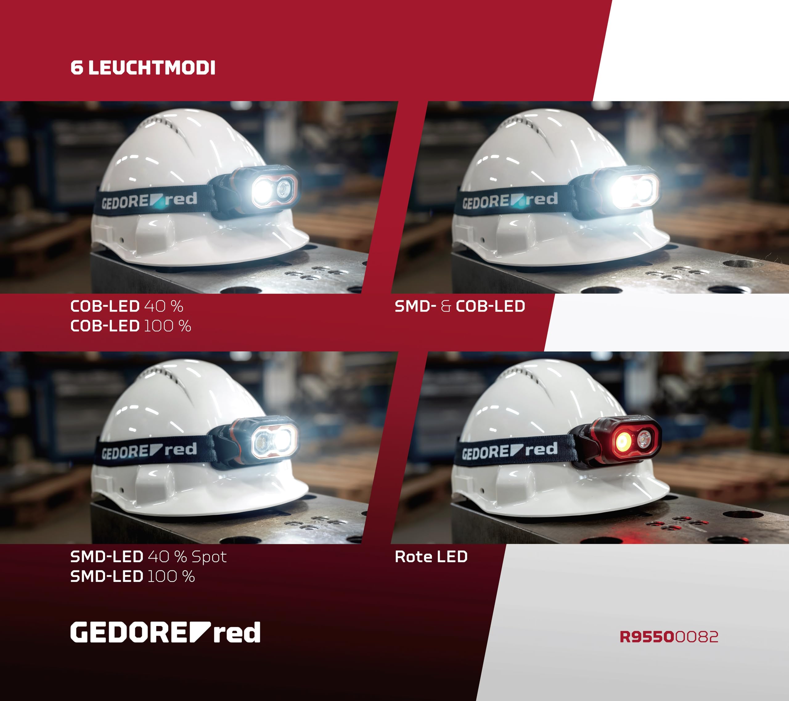 GEDORE Czerwona lampa czołowa LED, do ponownego ładowania z akumulatorem litowo-jonowym, 800 lumenów, regulacja ostrości i bezstopniowe ściemnianie, zasięg świecenia do 69 m, z czerwonym światłem
