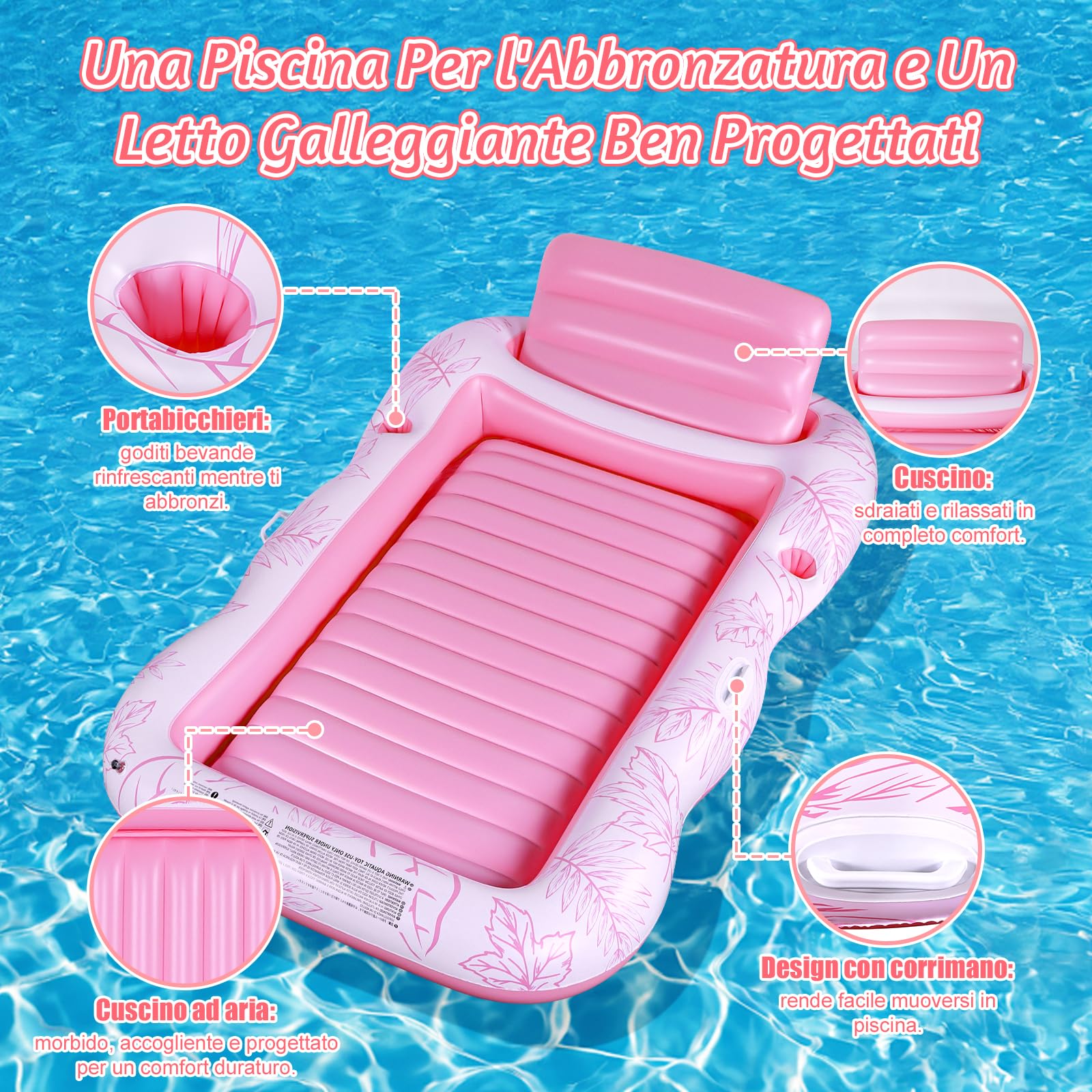 Charmofun Materassino Gonfiabile Abbronzante, Gonfiabile Galleggiante Materasso Piscina, Gonfiabile Tanning Pool, Lettino Gonfiabile Piscina con Portabicchieri e Portabibite per Adulti