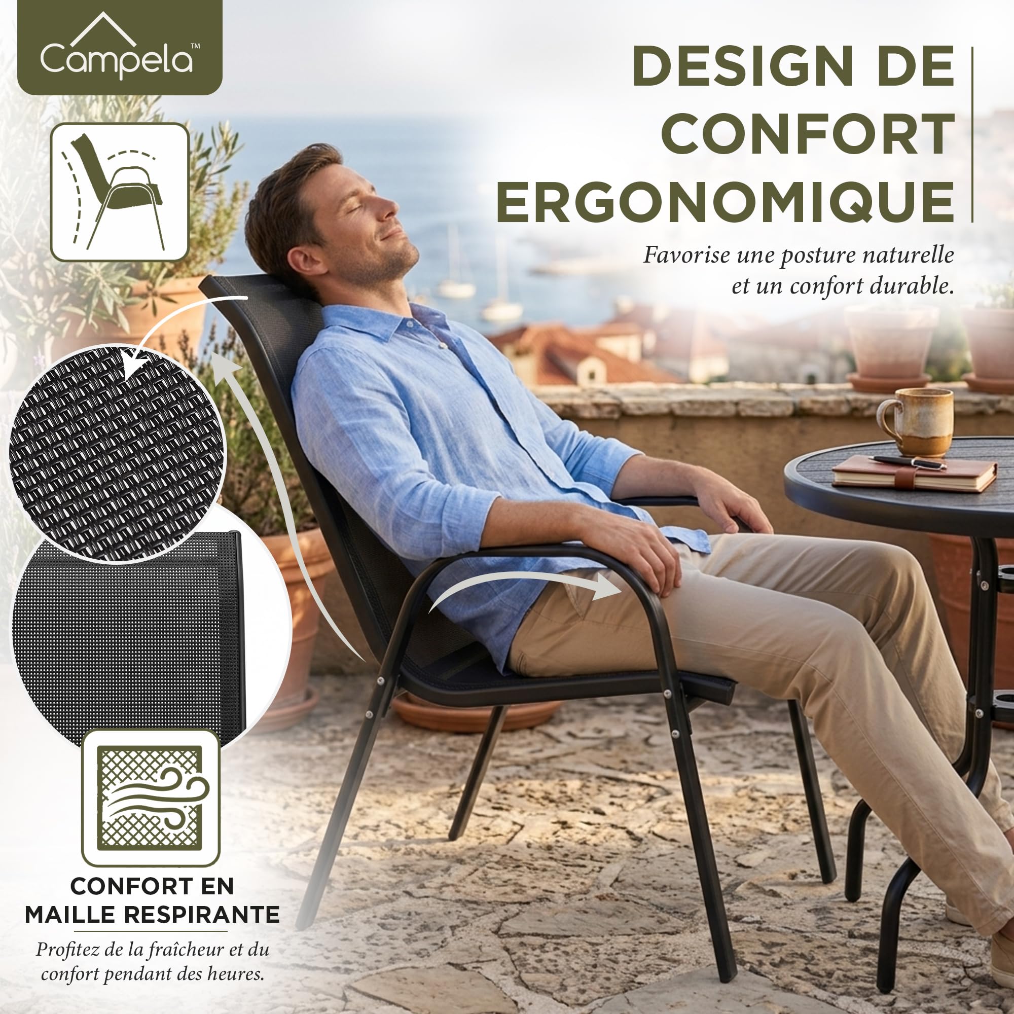 CA1045 Ensemble de Jardin pour Balcon - Table Ronde et 2 Chaises Gris foncé - Design Compact - pour Balcon, terrasse, Jardin - Hauteur de la Table 70 cm, chaises 90 cm
