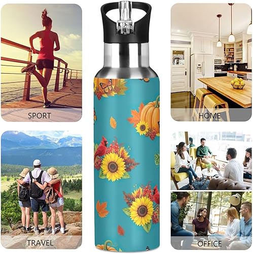 Miniatura 5 de Botella de agua aislada con diseño de girasoles y hojas de otoño de 20 onzas, a prueba de fugas, botella de agua deportiva sin BPA