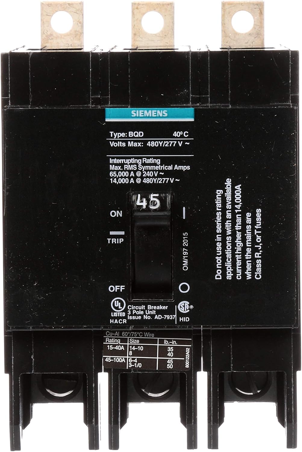 Siemens BQD345 45-Amp Tropolni prekidač, prednji view s etiketama