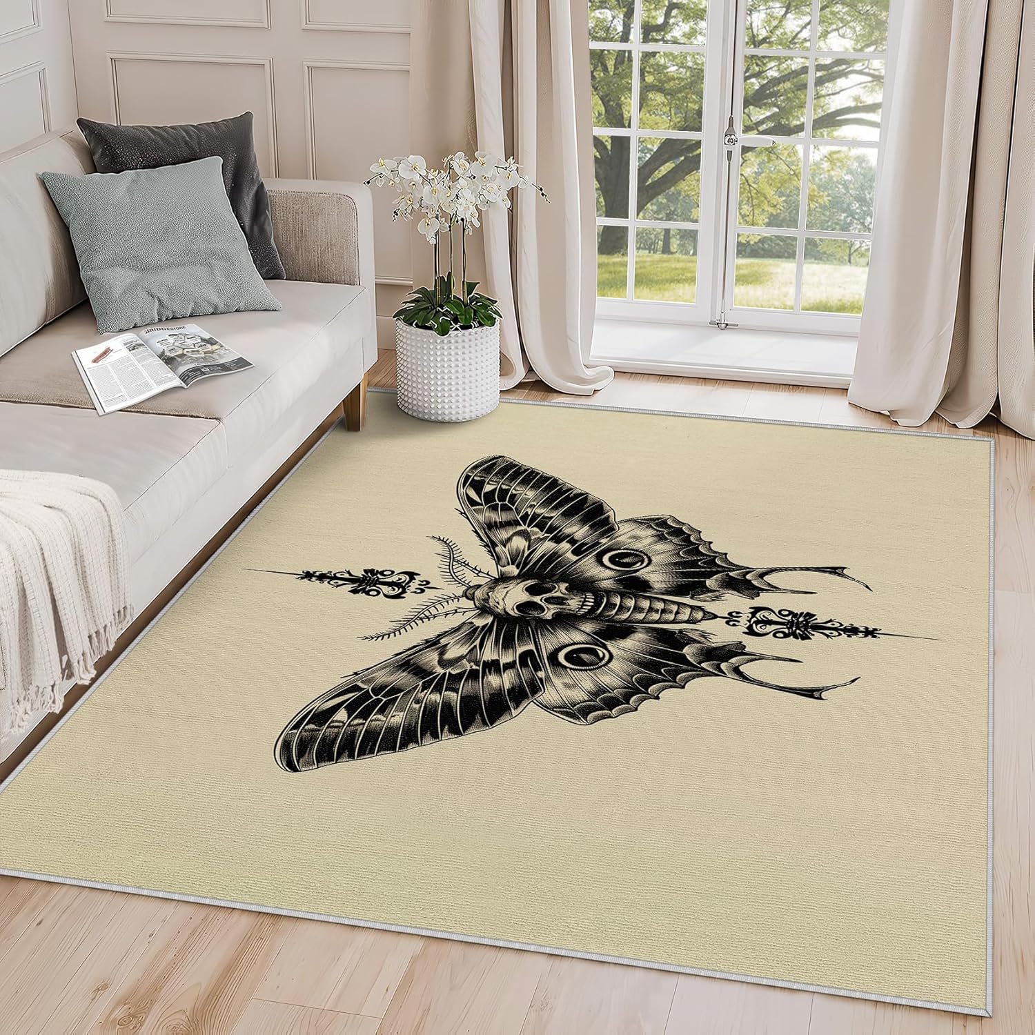2x3 Rug, Death Moth Door Mat, Gothic Skull Butterfly Rug, Skeleton Black and Khaki Rugs for Entryway, Washable & Non Slip Small Carpet, Indoor Doormat, Death Moth Home Decor & Gifts