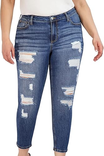 Jeans rasgados de talla grande para mujer, jeans elásticos con dobladillo con puños, pantalones de cintura alta para mujer