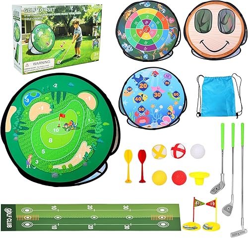 AOSITE - Juego de golf 5 en 1 para niños pequeños, juguetes pegajosos de juegos de golf con 3 palos de golf y tapete de puting, red de astillado de