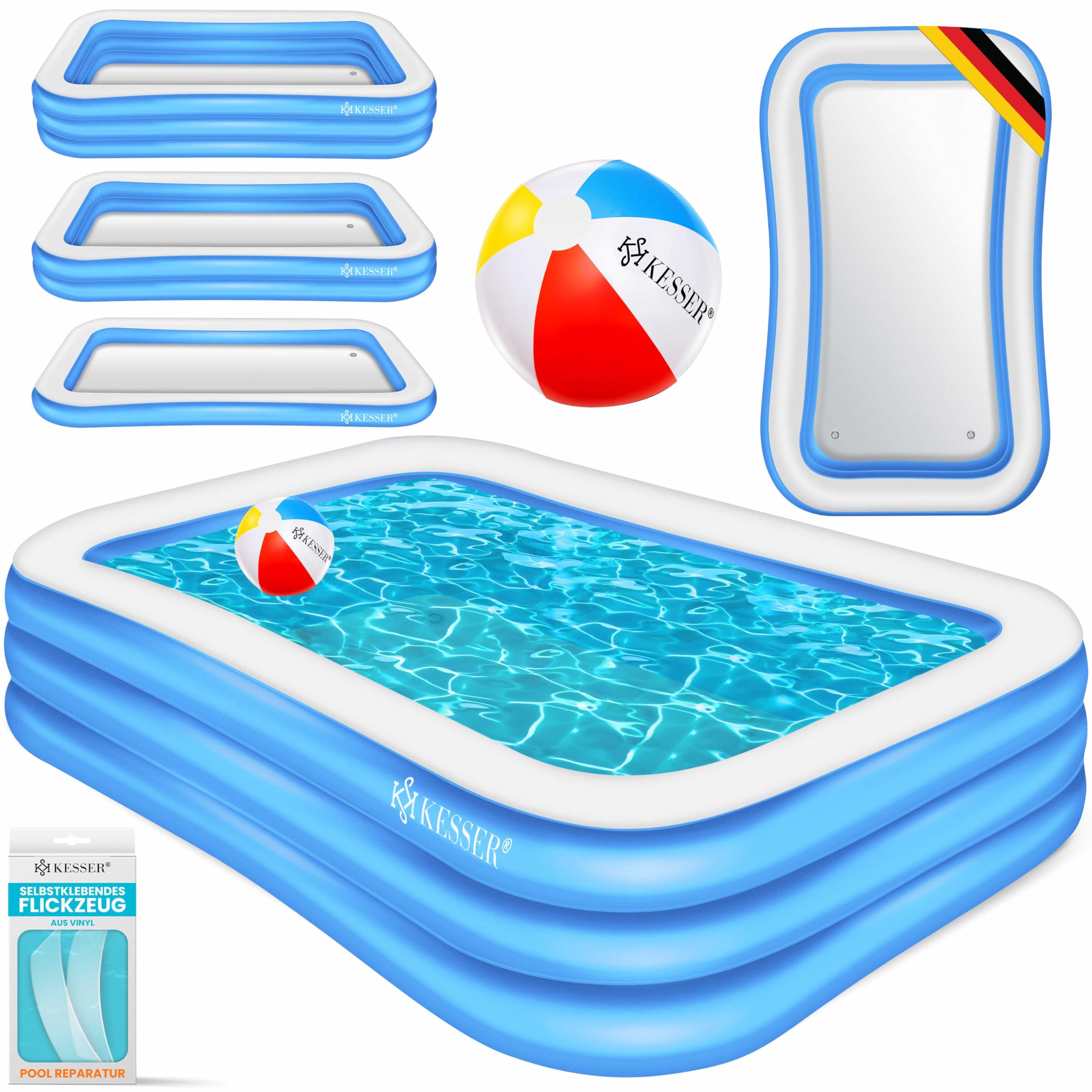 KESSER® Aufblasbarer Pool Familienpool für Kinder und Erwachsene Gartenschwimmbad Familienschwimmbad Sommer 240x142x56 cm Planschbecken 613 Liter Füllmenge Kinderfreundlich Inkl. Flickzeug & Ball