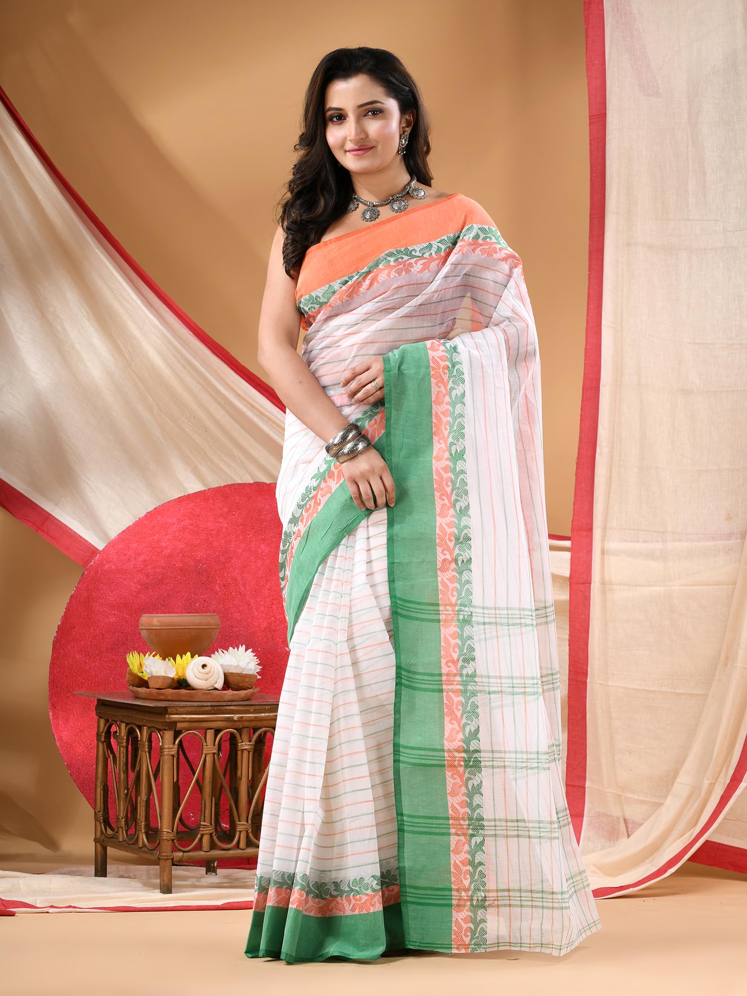 db desh bidesh Women's Pure Cotton Tant Tiranga Republic Day Saree New, Trendy Tant Saree Collection with Tricolour Latest Georgette Chitralekha Design Handloom Tri Color Saree for Women-picture-10