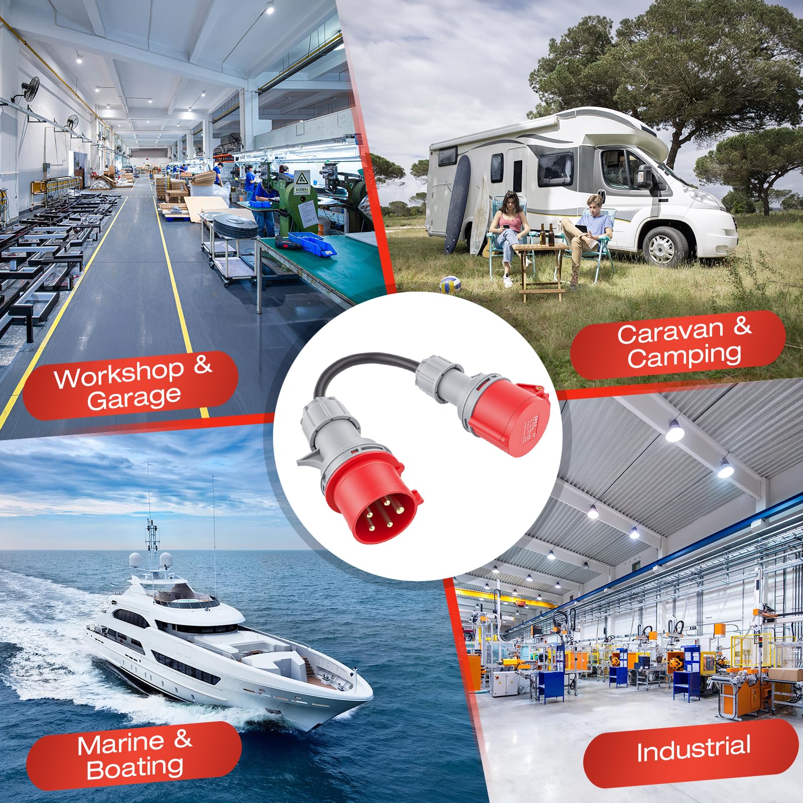 Adaptador CEE 32A a 16A, 5 Polos, IP44 Impermeable con Tapa de Protección de Cierre Automático para Industria, Obras y Coche Eléctrico